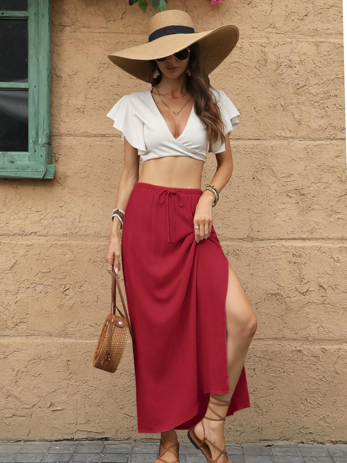 image:imageELLEVEN Linen Straight Maxi Skirt with Side Slit Elastic Waist Drawstring Long Flowy AnkleLength Skirt with PocketsRed