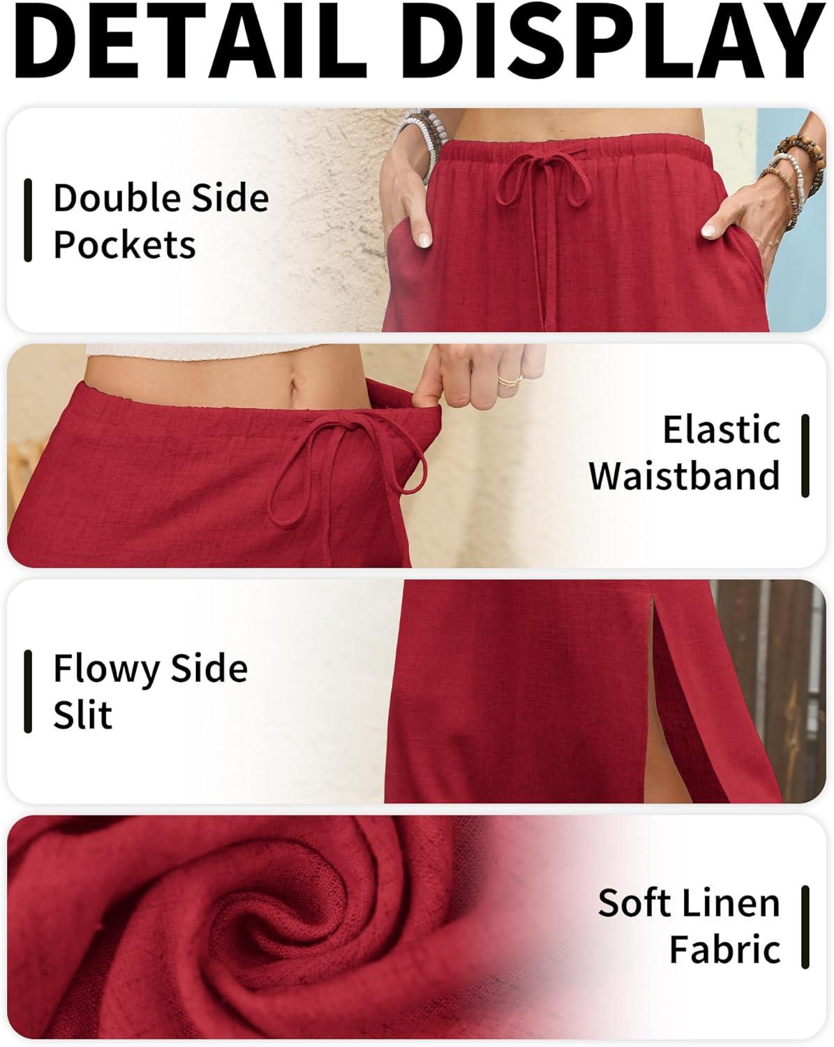 image:imageELLEVEN Linen Straight Maxi Skirt with Side Slit Elastic Waist Drawstring Long Flowy AnkleLength Skirt with PocketsRed