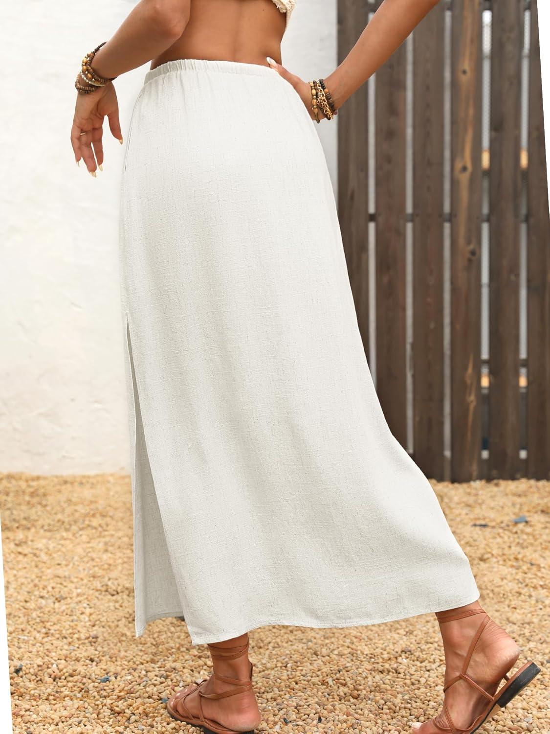 image:imageELLEVEN Linen Straight Maxi Skirt with Side Slit Elastic Waist Drawstring Long Flowy AnkleLength Skirt with PocketsWhite