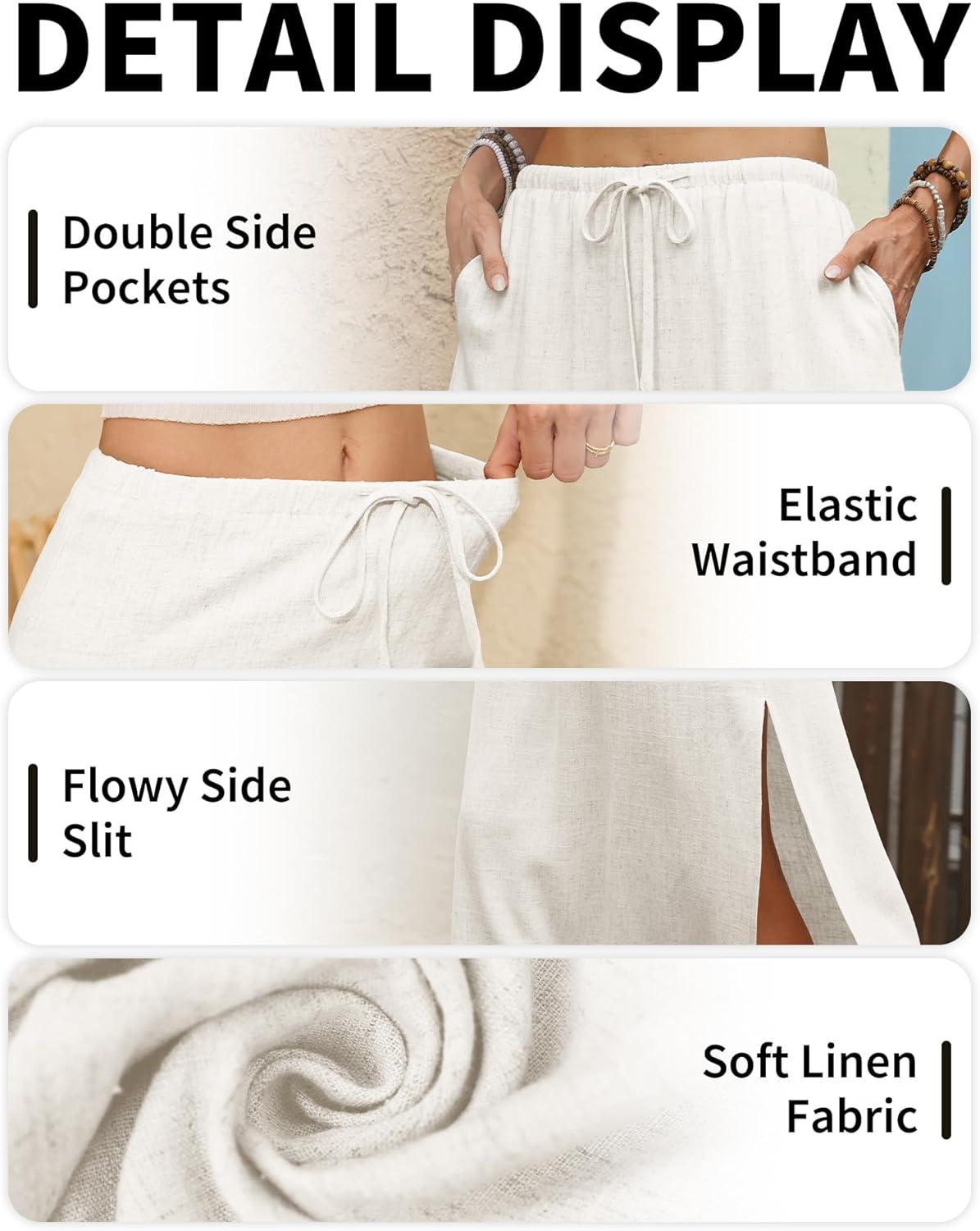 image:imageELLEVEN Linen Straight Maxi Skirt with Side Slit Elastic Waist Drawstring Long Flowy AnkleLength Skirt with PocketsWhite