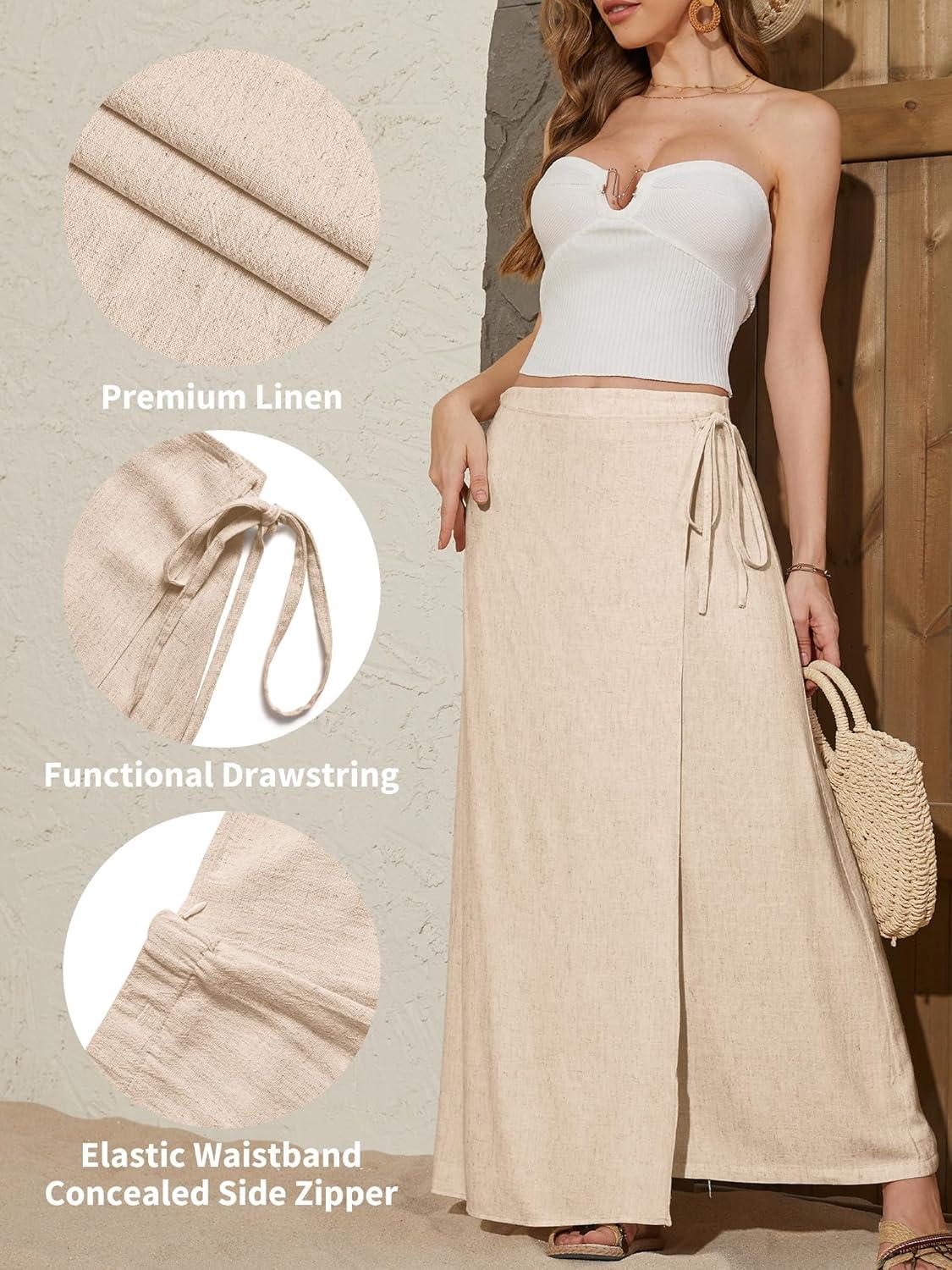 image:imageELLEVEN Linen Wrap Maxi Skirt Elastic Back Waistband Flowy A Line Summer Casual Long SkirtBeige
