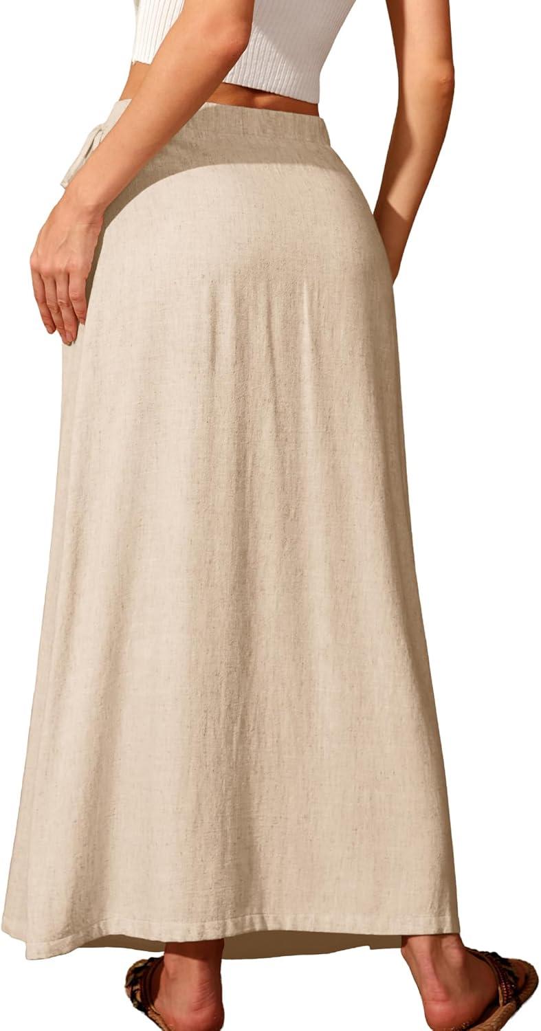 image:imageELLEVEN Linen Wrap Maxi Skirt Elastic Back Waistband Flowy A Line Summer Casual Long SkirtBeige