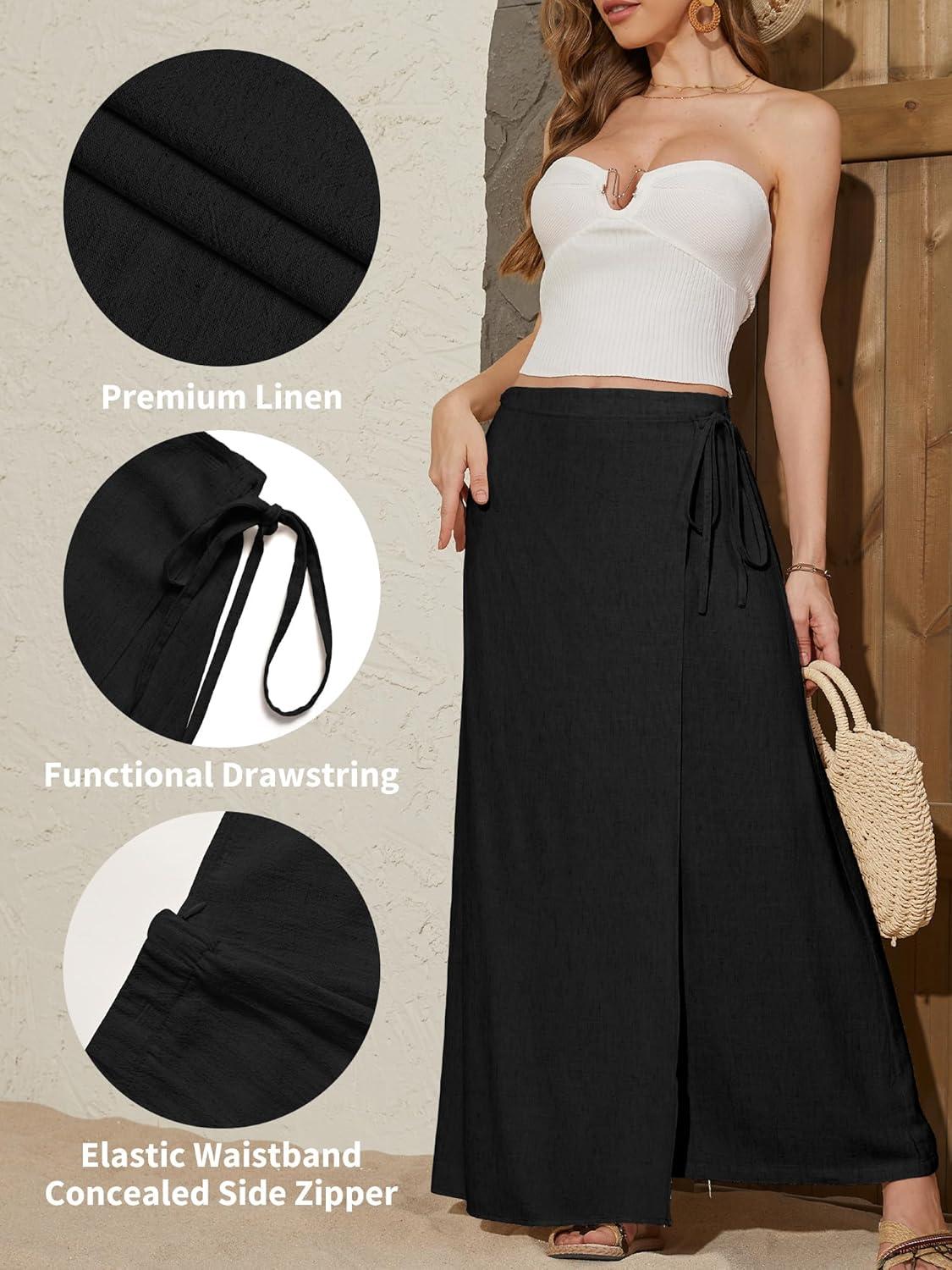 image:imageELLEVEN Linen Wrap Maxi Skirt Elastic Back Waistband Flowy A Line Summer Casual Long SkirtBlack