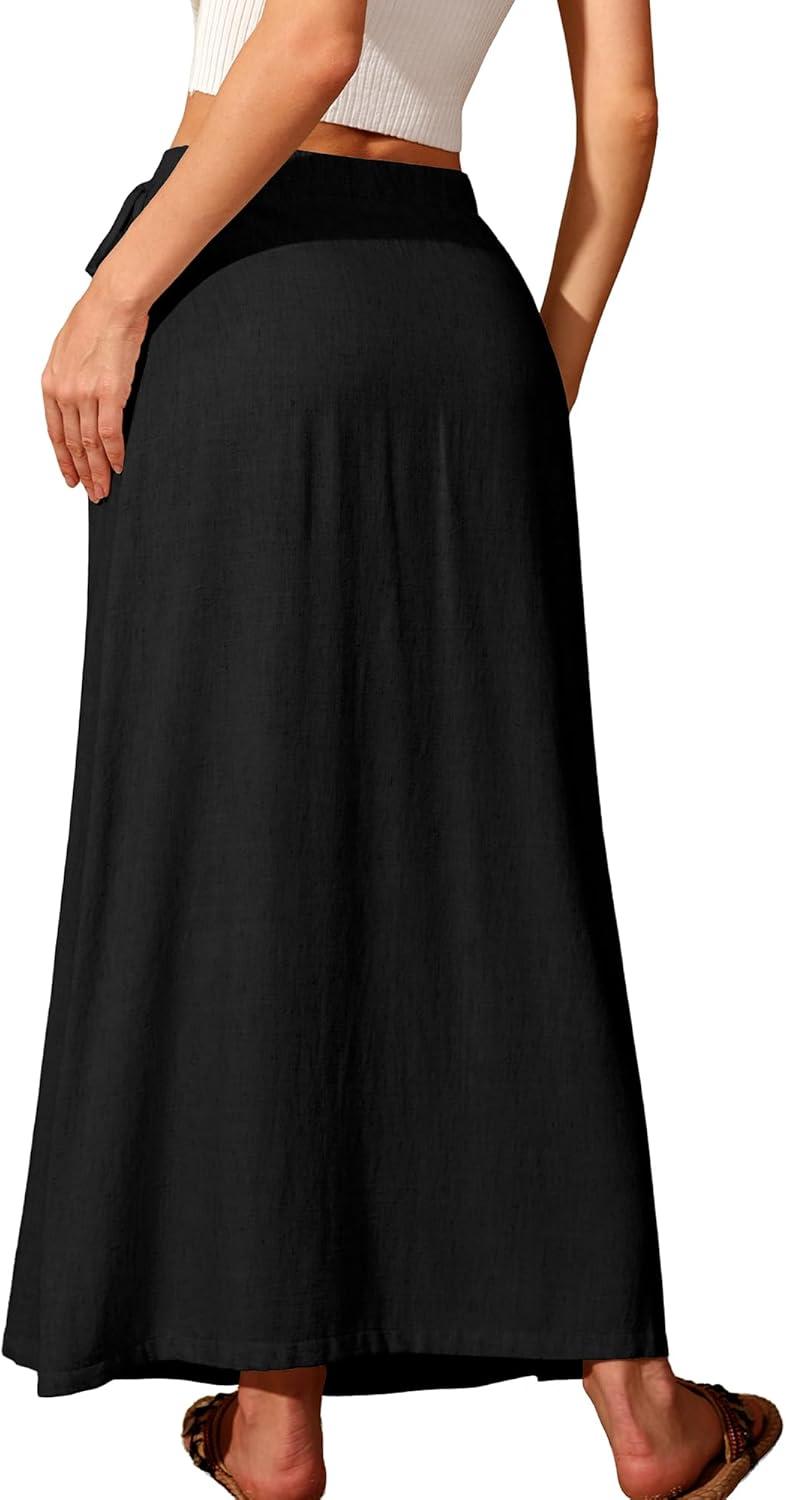 image:imageELLEVEN Linen Wrap Maxi Skirt Elastic Back Waistband Flowy A Line Summer Casual Long SkirtBlack
