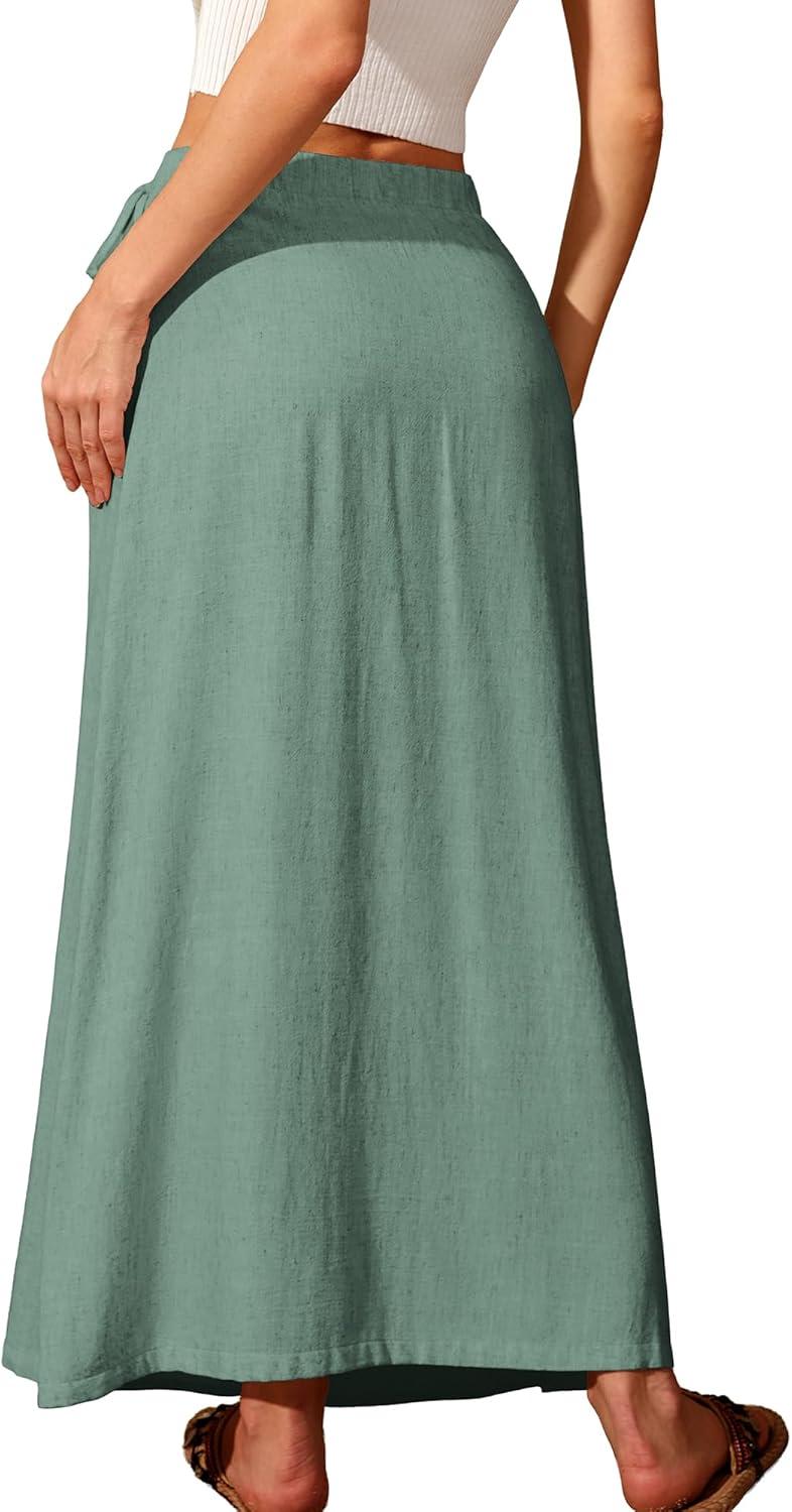 image:imageELLEVEN Linen Wrap Maxi Skirt Elastic Back Waistband Flowy A Line Summer Casual Long SkirtGreen