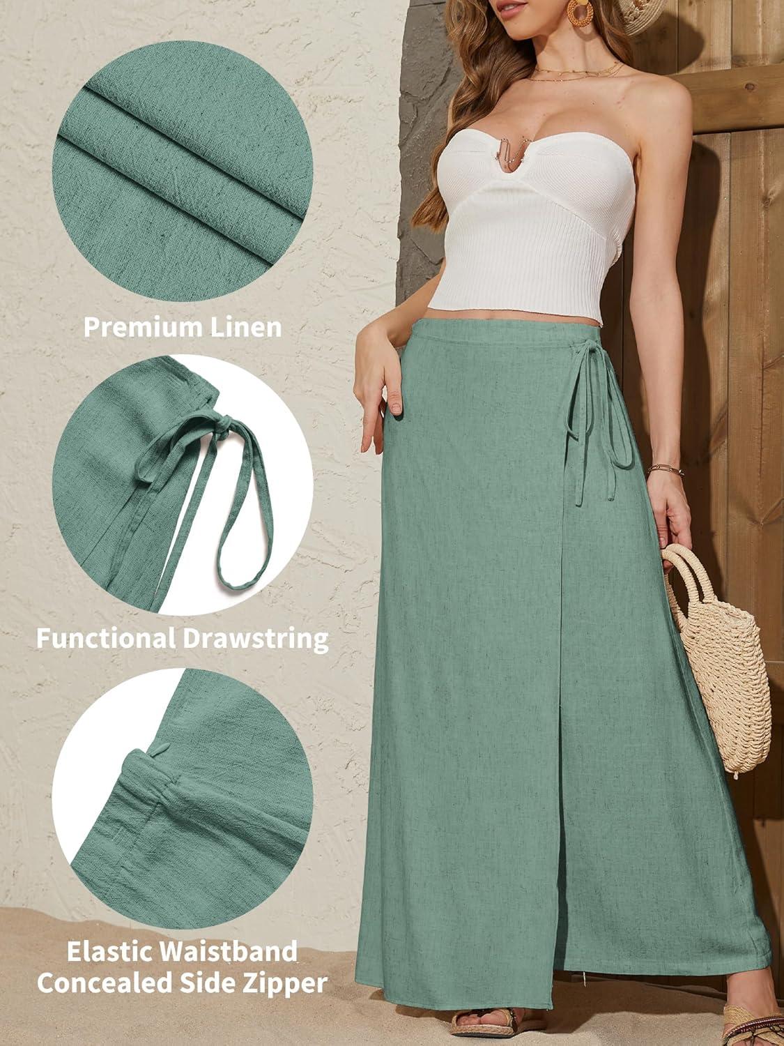 image:imageELLEVEN Linen Wrap Maxi Skirt Elastic Back Waistband Flowy A Line Summer Casual Long SkirtGreen