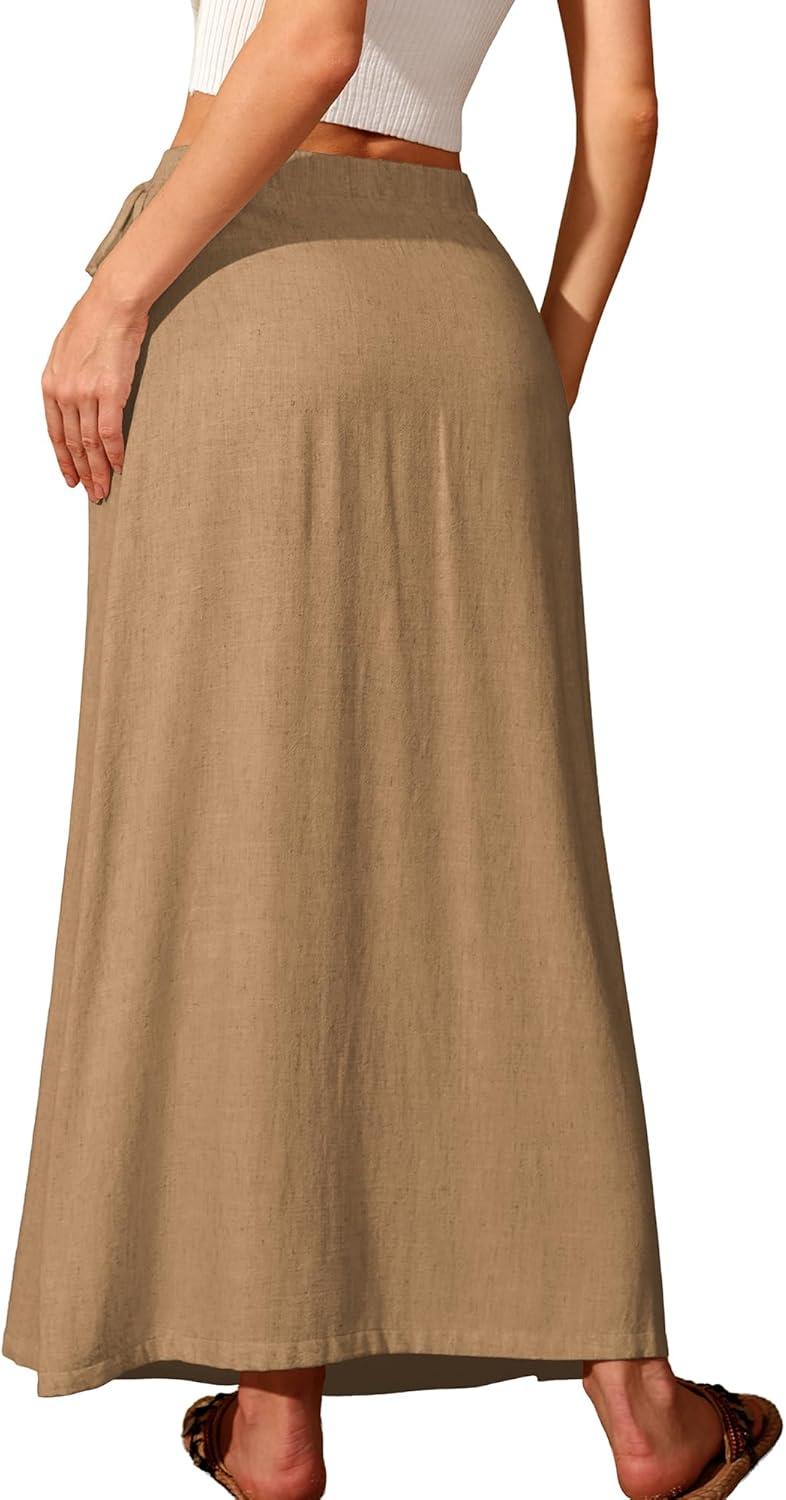 image:imageELLEVEN Linen Wrap Maxi Skirt Elastic Back Waistband Flowy A Line Summer Casual Long SkirtKhaki