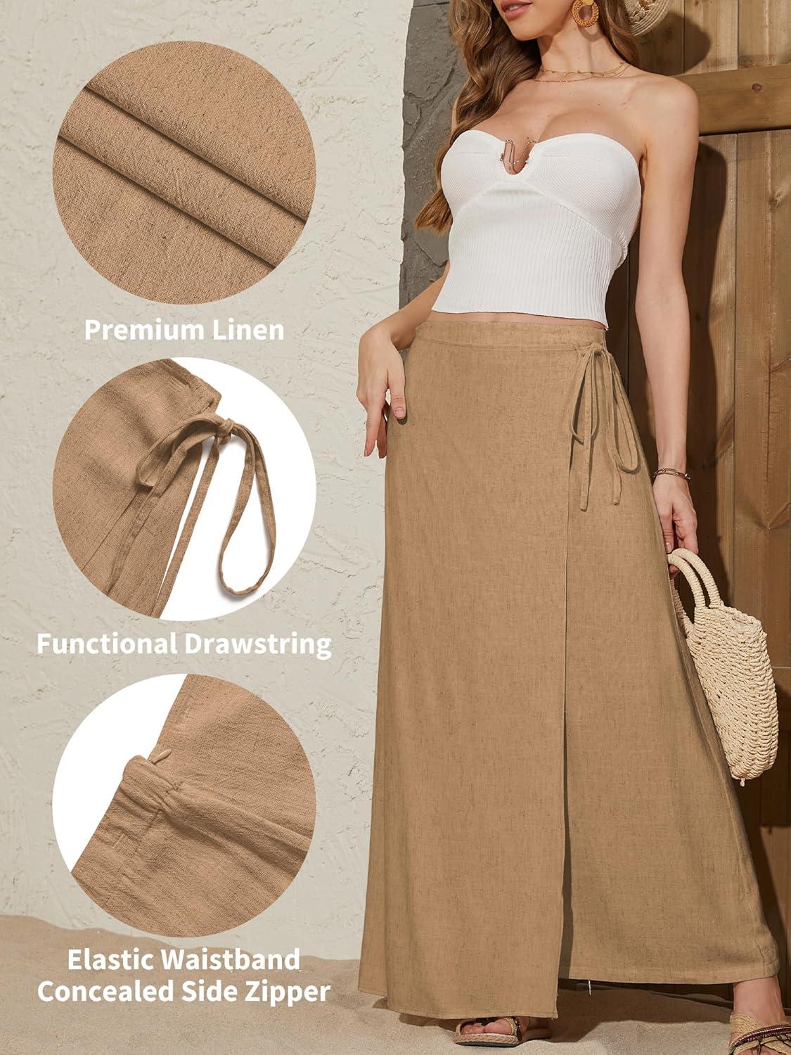 image:imageELLEVEN Linen Wrap Maxi Skirt Elastic Back Waistband Flowy A Line Summer Casual Long SkirtKhaki