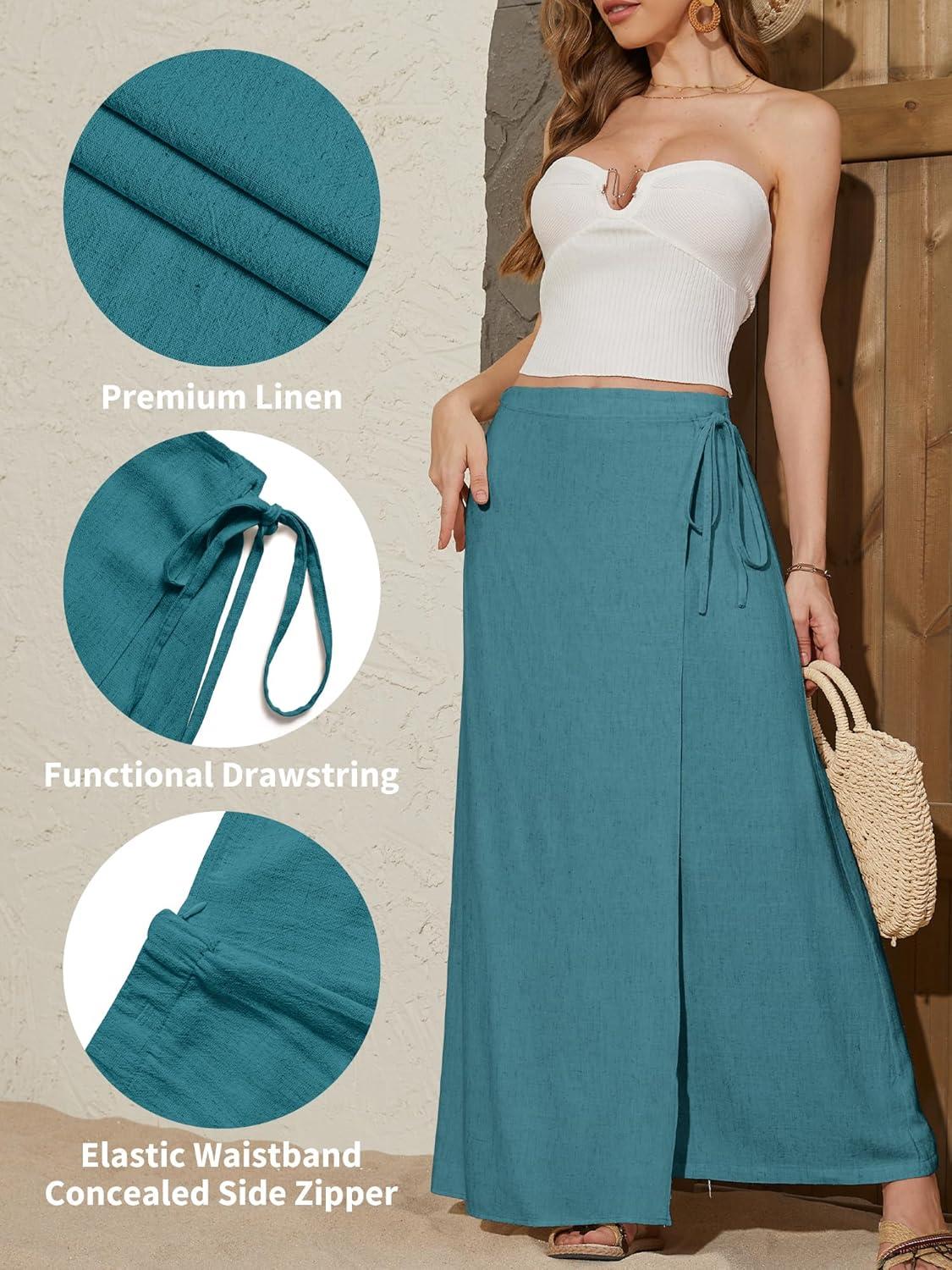 image:imageELLEVEN Linen Wrap Maxi Skirt Elastic Back Waistband Flowy A Line Summer Casual Long SkirtPeacock Blue