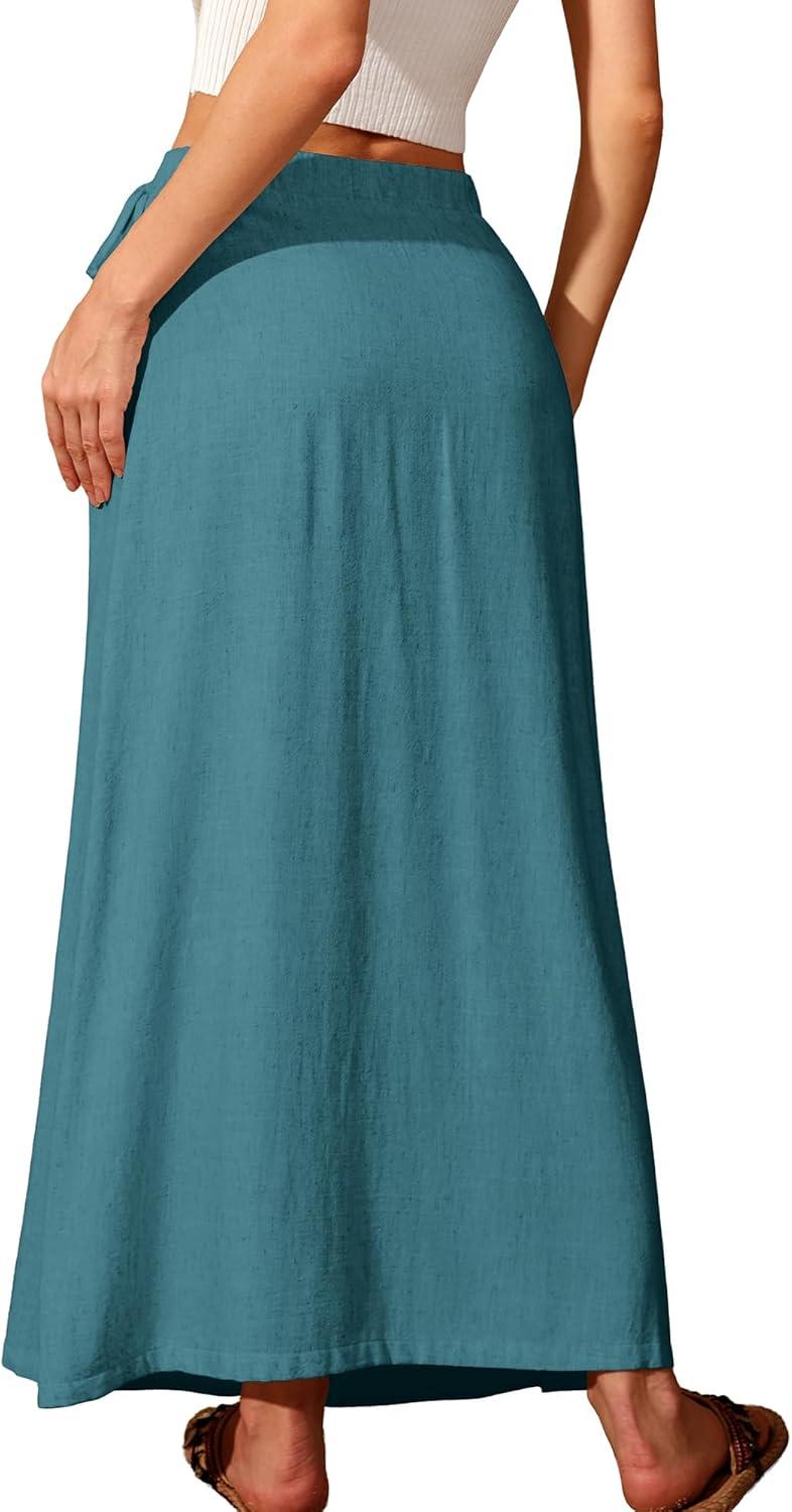 image:imageELLEVEN Linen Wrap Maxi Skirt Elastic Back Waistband Flowy A Line Summer Casual Long SkirtPeacock Blue