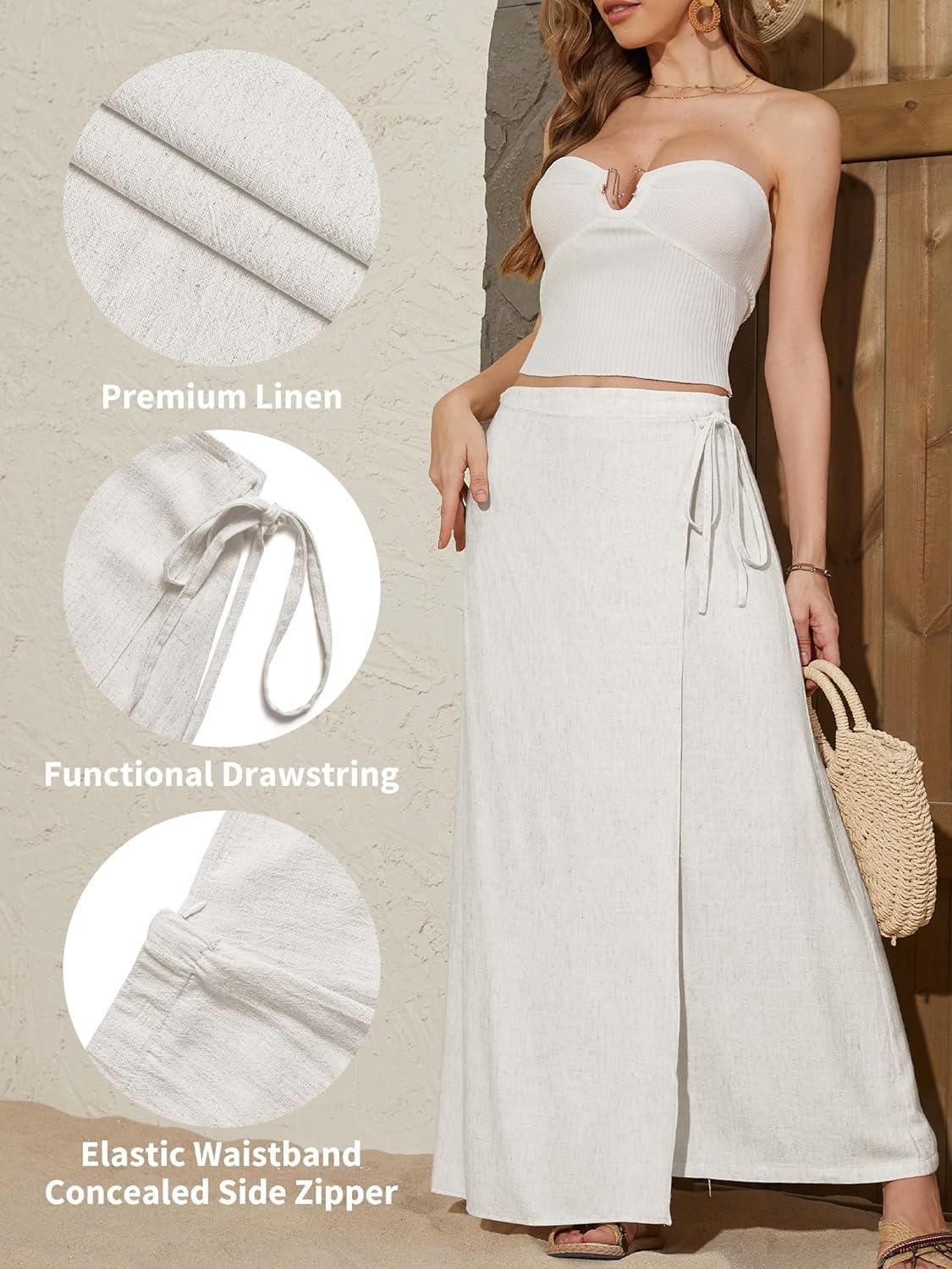 image:imageELLEVEN Linen Wrap Maxi Skirt Elastic Back Waistband Flowy A Line Summer Casual Long SkirtWhite