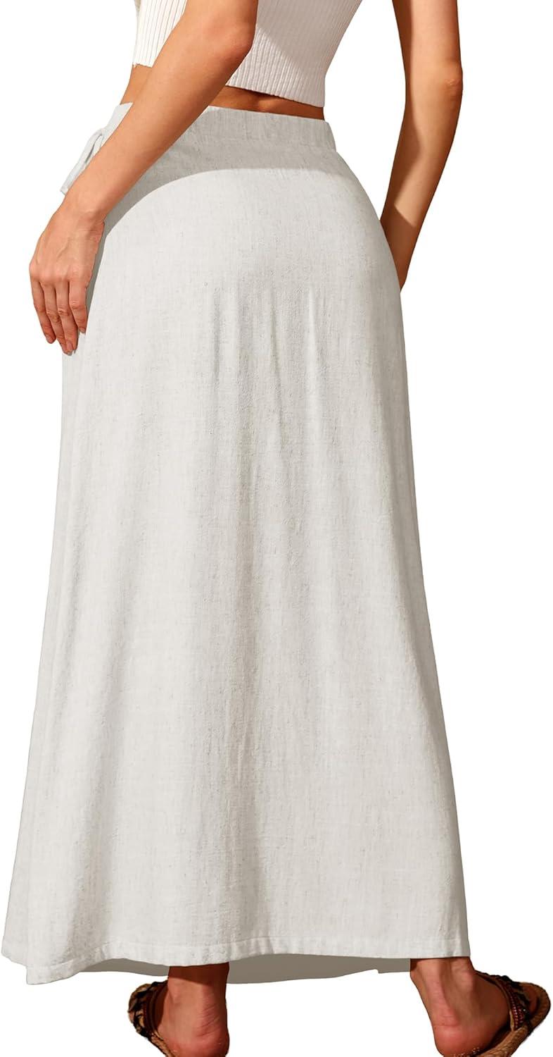 image:imageELLEVEN Linen Wrap Maxi Skirt Elastic Back Waistband Flowy A Line Summer Casual Long SkirtWhite