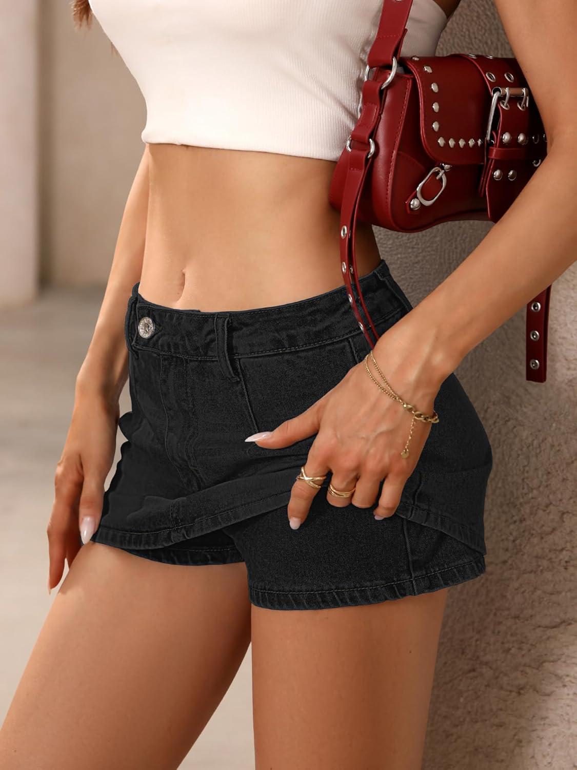 image:imageELLEVEN Low Rise Denim Mini Skirt for Women High Stretch Jean Skirt with Shorts Underneath Y2k Micro SkortBlack