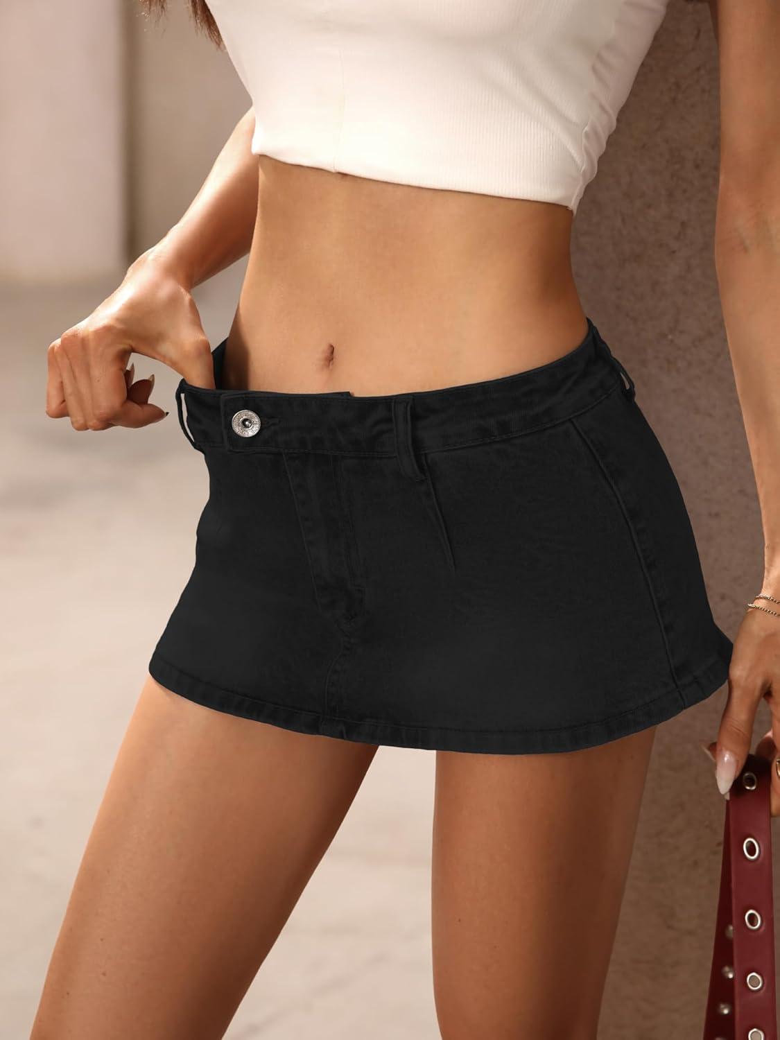 image:imageELLEVEN Low Rise Denim Mini Skirt for Women High Stretch Jean Skirt with Shorts Underneath Y2k Micro SkortBlack