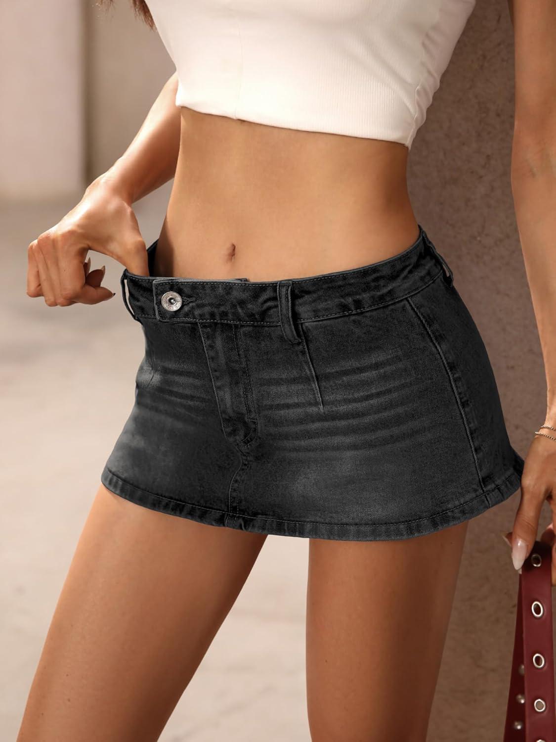 image:imageELLEVEN Low Rise Denim Mini Skirt for Women High Stretch Jean Skirt with Shorts Underneath Y2k Micro SkortBlack Denim