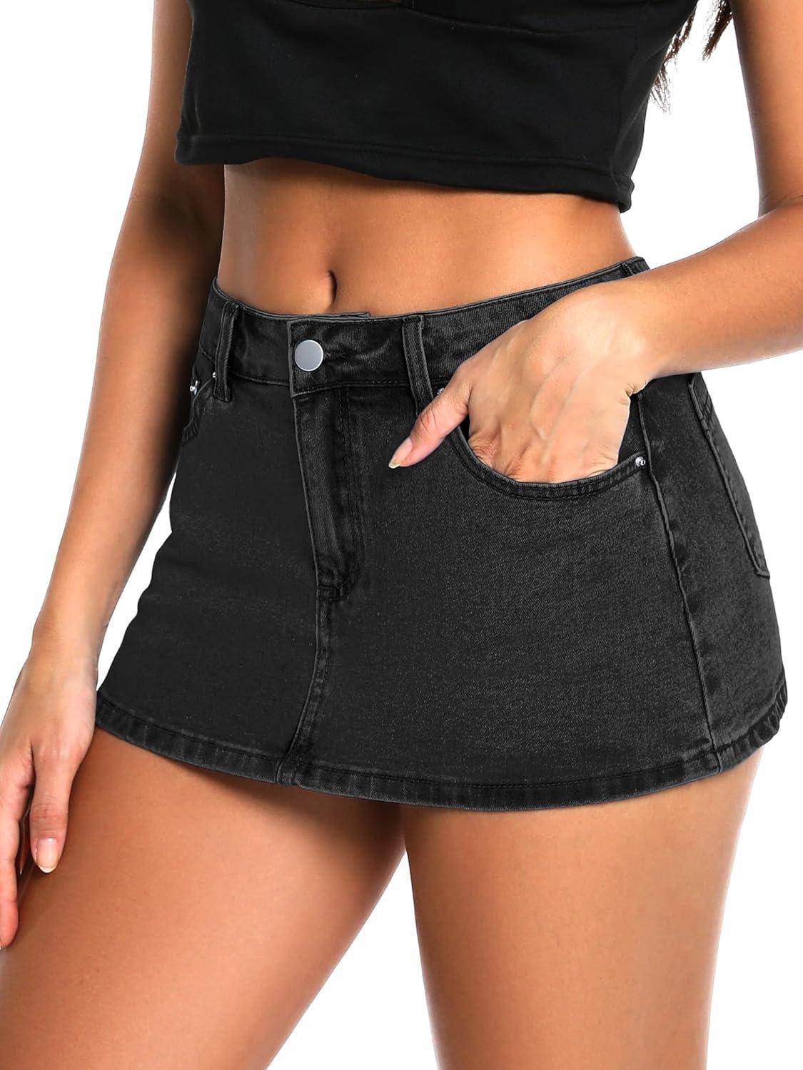 image:imageELLEVEN Low Rise High Stretch Mini Skort Skirt for WomenDenim Skort Shorts with PocketsBlack Denim