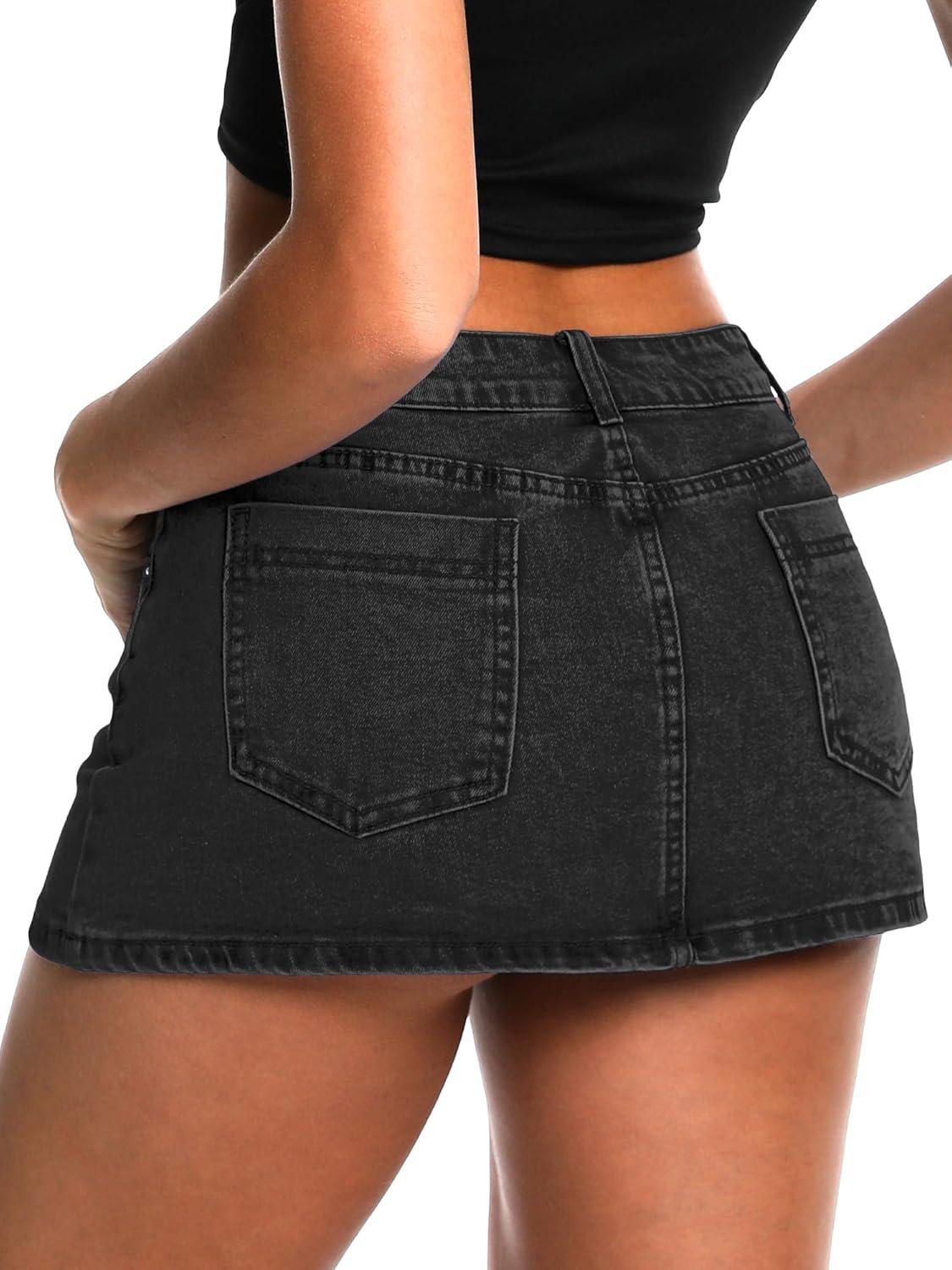 image:imageELLEVEN Low Rise High Stretch Mini Skort Skirt for WomenDenim Skort Shorts with PocketsBlack Denim