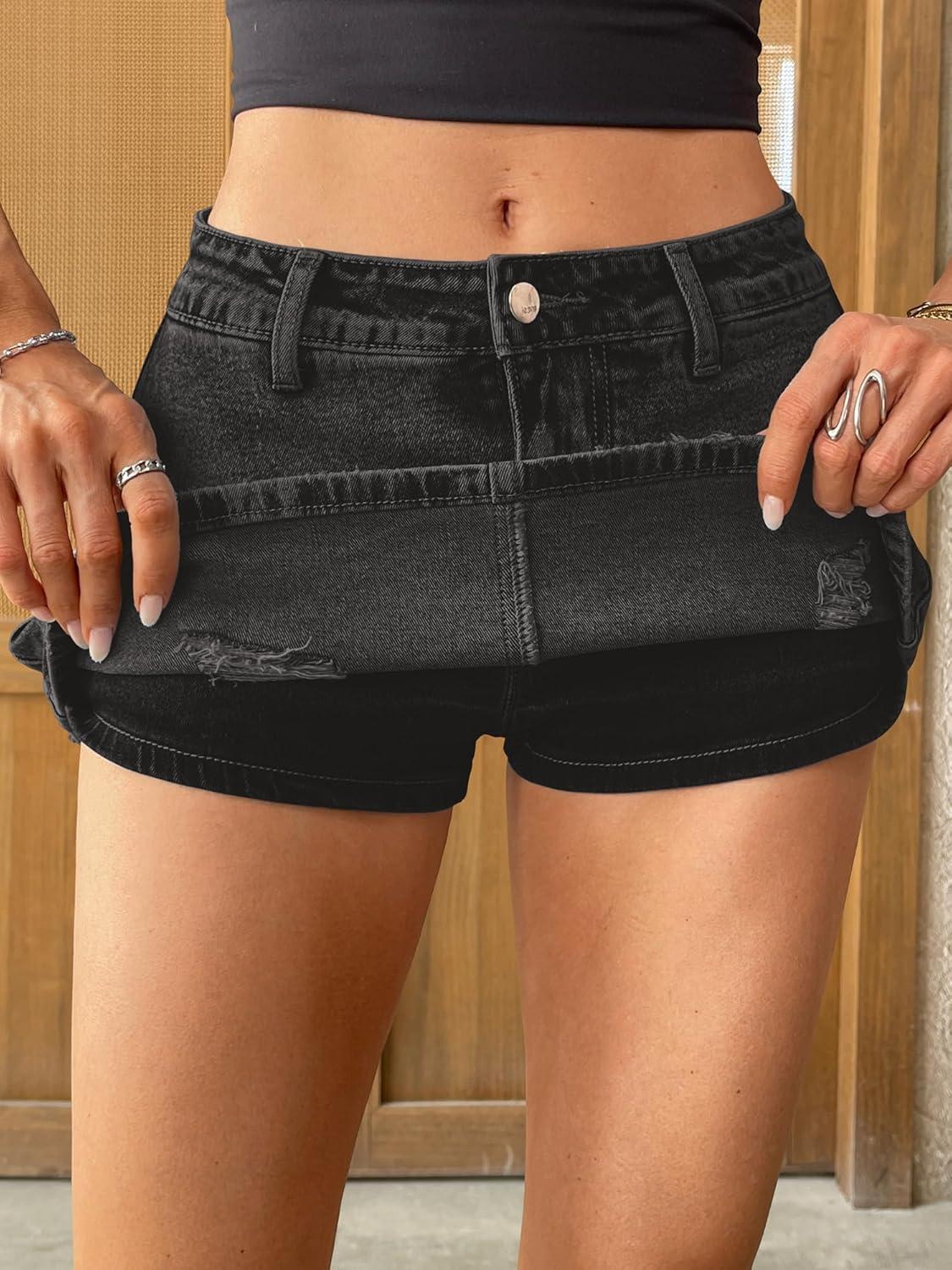 image:imageELLEVEN Low Rise Ripped Denim Mini Skort for WomenHigh Stretch Jean Skirt with Shorts Underneath Micro SkortBlack Denim
