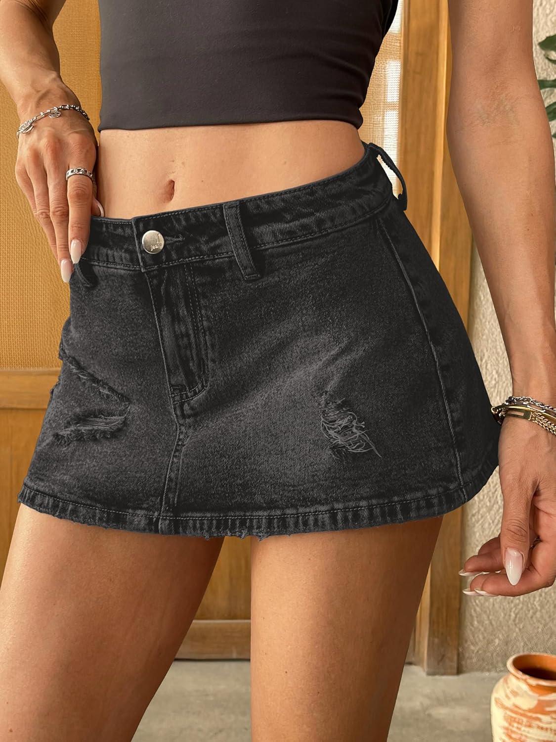 image:imageELLEVEN Low Rise Ripped Denim Mini Skort for WomenHigh Stretch Jean Skirt with Shorts Underneath Micro SkortBlack Denim