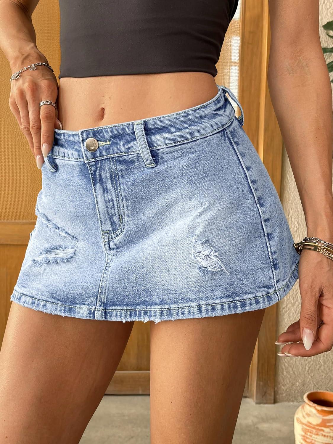 image:imageELLEVEN Low Rise Ripped Denim Mini Skort for WomenHigh Stretch Jean Skirt with Shorts Underneath Micro SkortLight Wash