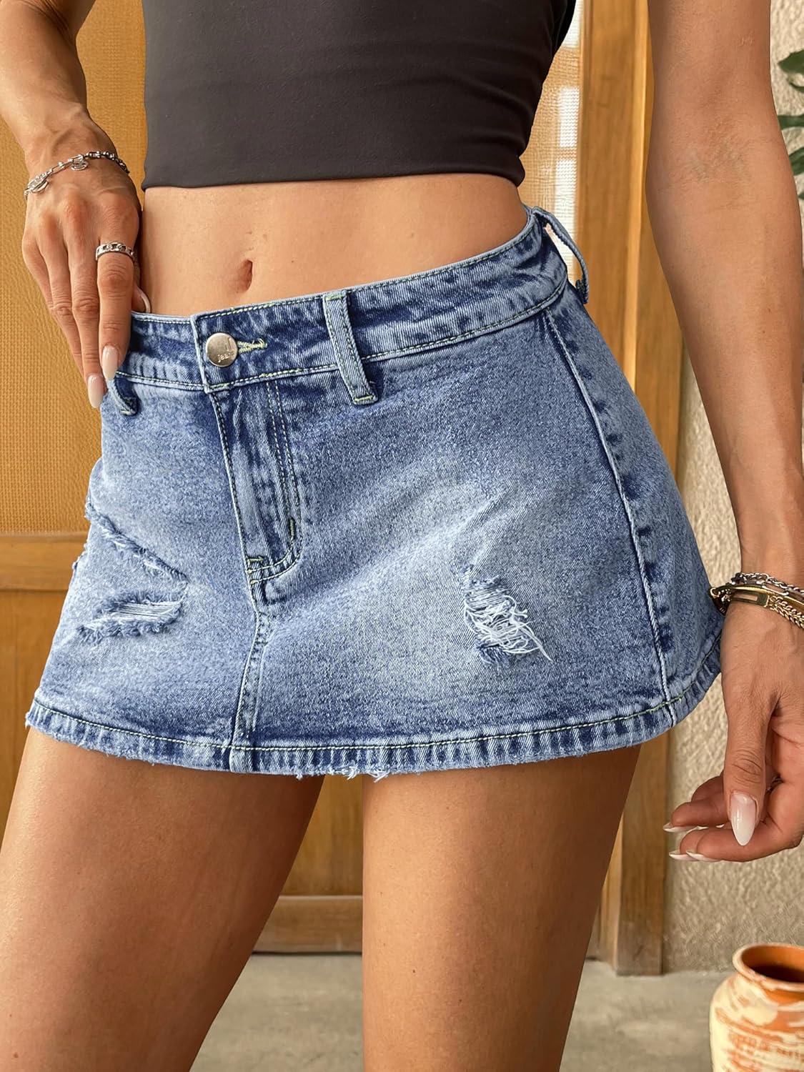 image:imageELLEVEN Low Rise Ripped Denim Mini Skort for WomenHigh Stretch Jean Skirt with Shorts Underneath Micro SkortMedium Wash