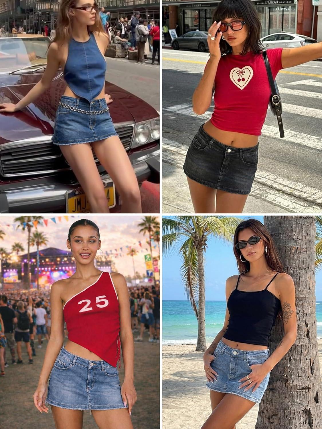 image:imageELLEVEN Mini Denim Skirt with Shorts Underneath Low Rise Raw Hem High Stretchy Jean Skirt Y2K Micro SkortAblue Denim