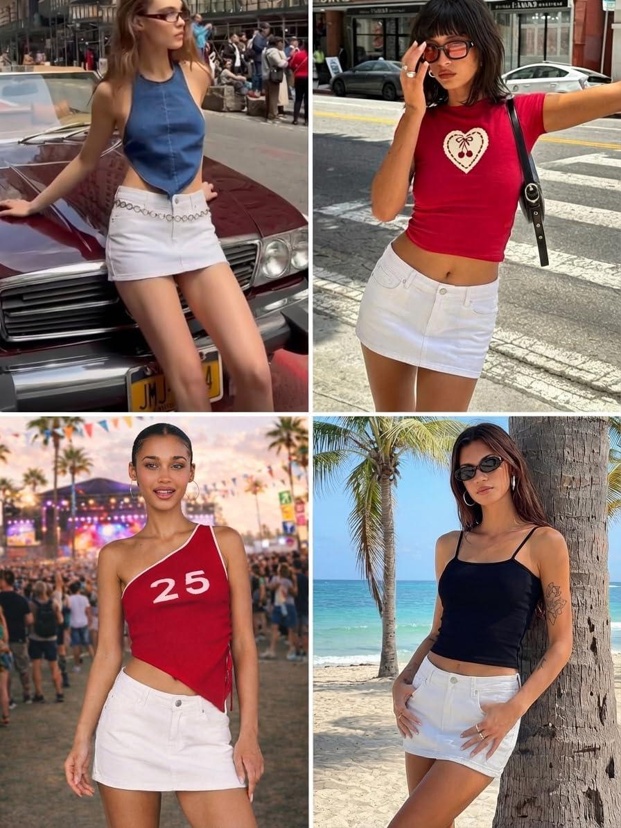 image:imageELLEVEN Mini Denim Skirt with Shorts Underneath Low Rise Raw Hem High Stretchy Jean Skirt Y2K Micro SkortWhite