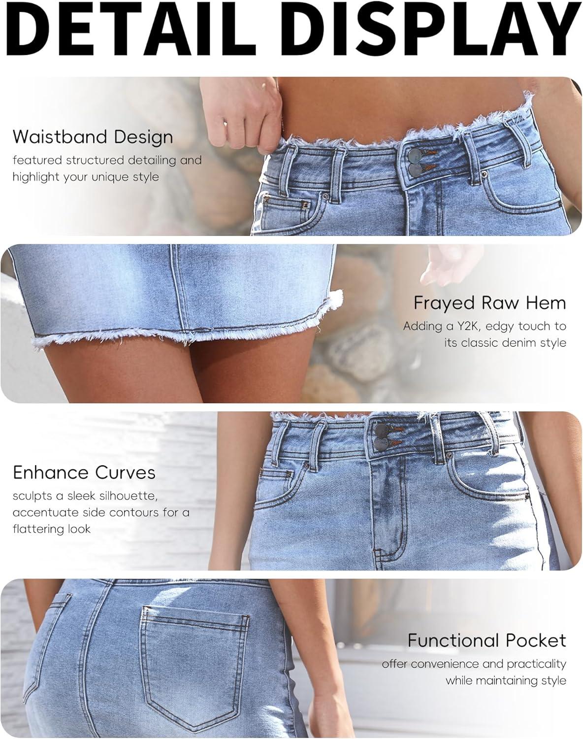 image:imageELLEVEN Raw Hem Jean Skirt Stretchy amp Soft Denim Mini Skirt with Pockets Casual OutfitBlue