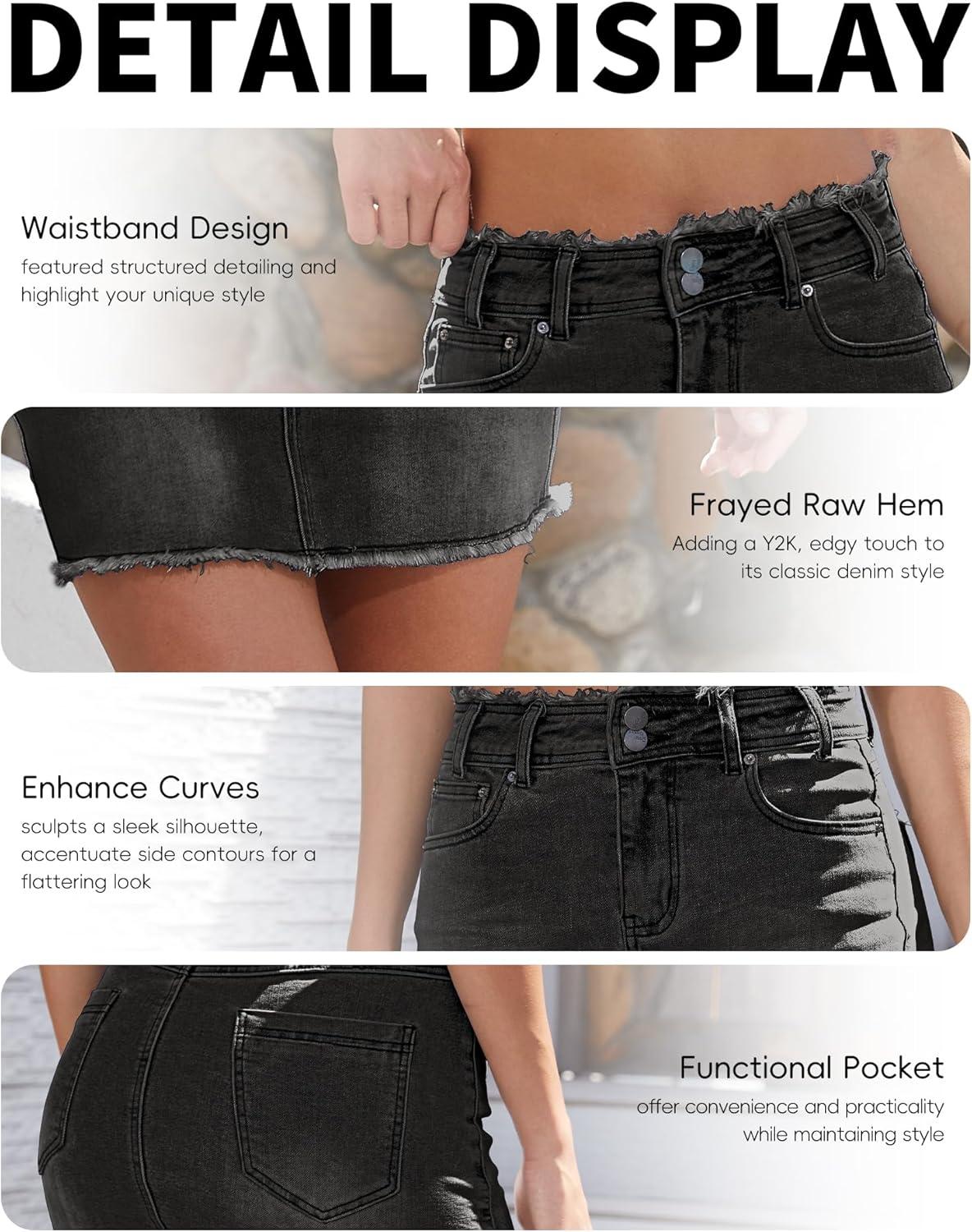image:imageELLEVEN Raw Hem Jean Skirt Stretchy amp Soft Denim Mini Skirt with Pockets Casual OutfitDenim Black