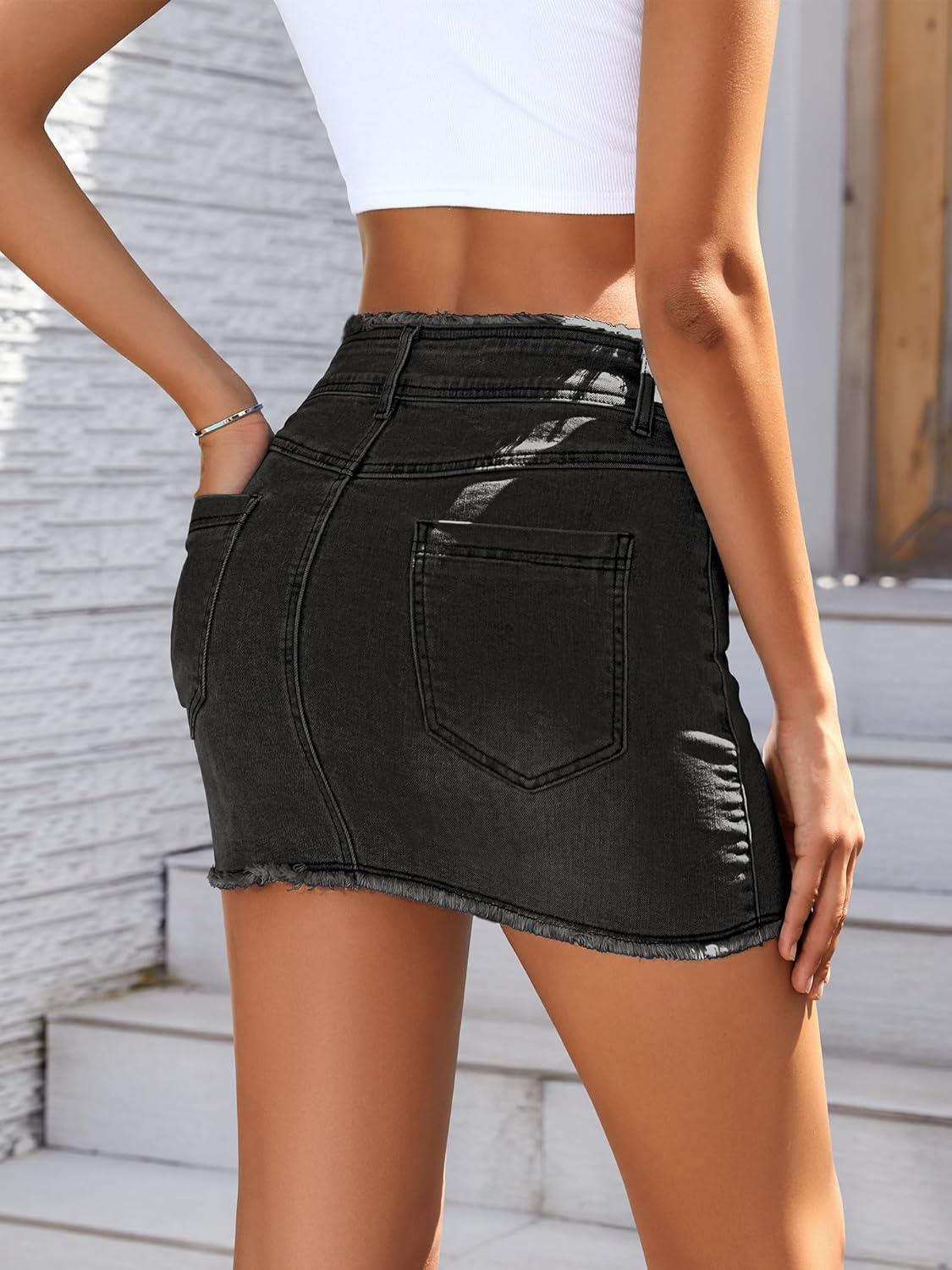 image:imageELLEVEN Raw Hem Jean Skirt Stretchy amp Soft Denim Mini Skirt with Pockets Casual OutfitDenim Black
