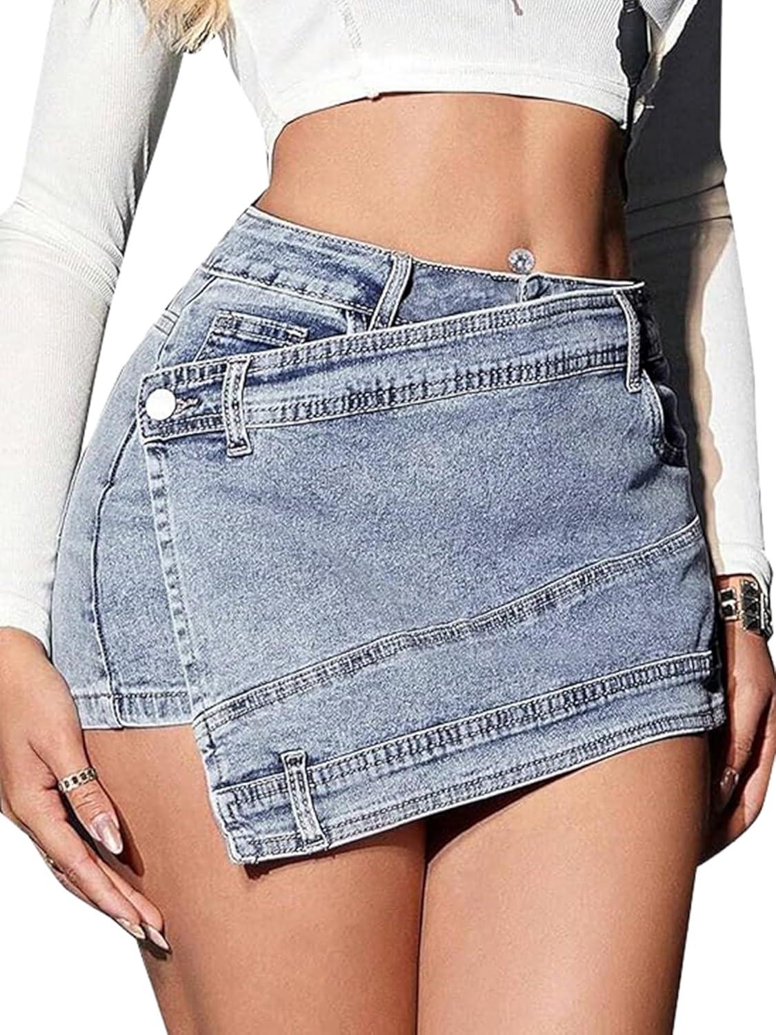 image:imageELLEVEN Women Asymmetrical Denim Skort Front Skirt Back Shorts Mini Y2K Streetwear Sexy Jean SkortsLight Blue Denim