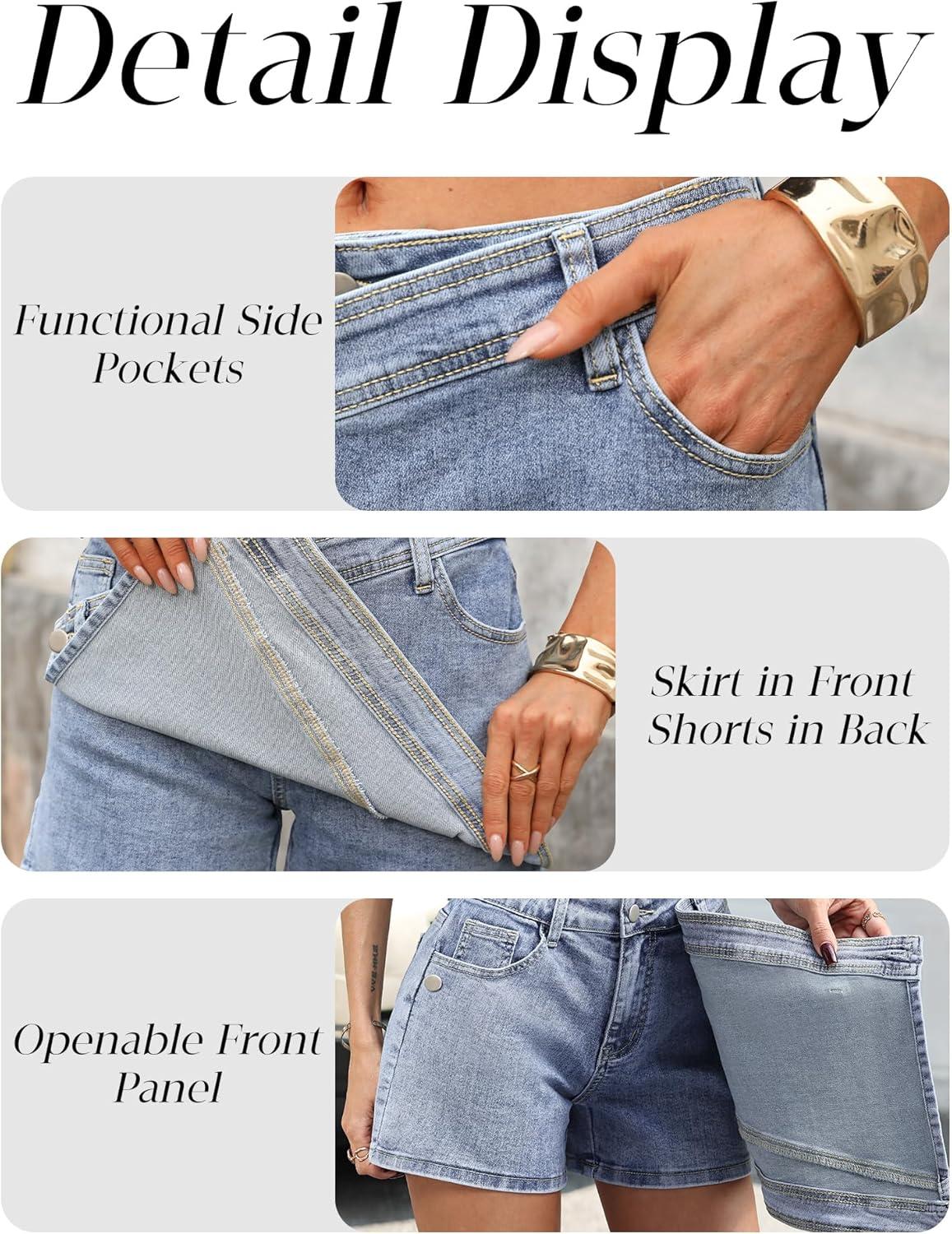 image:imageELLEVEN Women Asymmetrical Denim Skort Front Skirt Back Shorts Mini Y2K Streetwear Sexy Jean SkortsLight Blue Denim