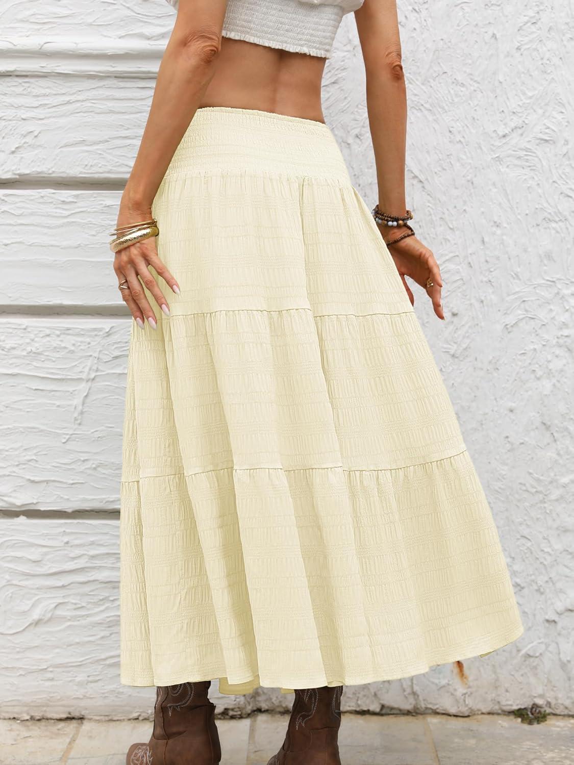 image:imageELLEVEN Womens Boho Long Maxi Skirts Lightweight Flowy Summer Vacation Outfits with Elastic WaistApricot