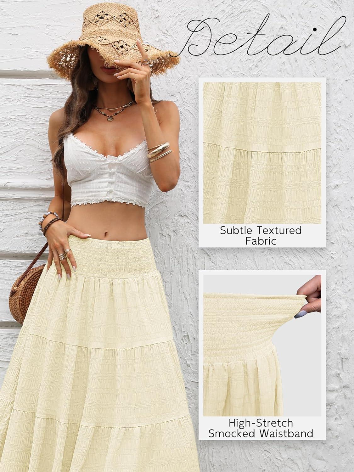 image:imageELLEVEN Womens Boho Long Maxi Skirts Lightweight Flowy Summer Vacation Outfits with Elastic WaistApricot