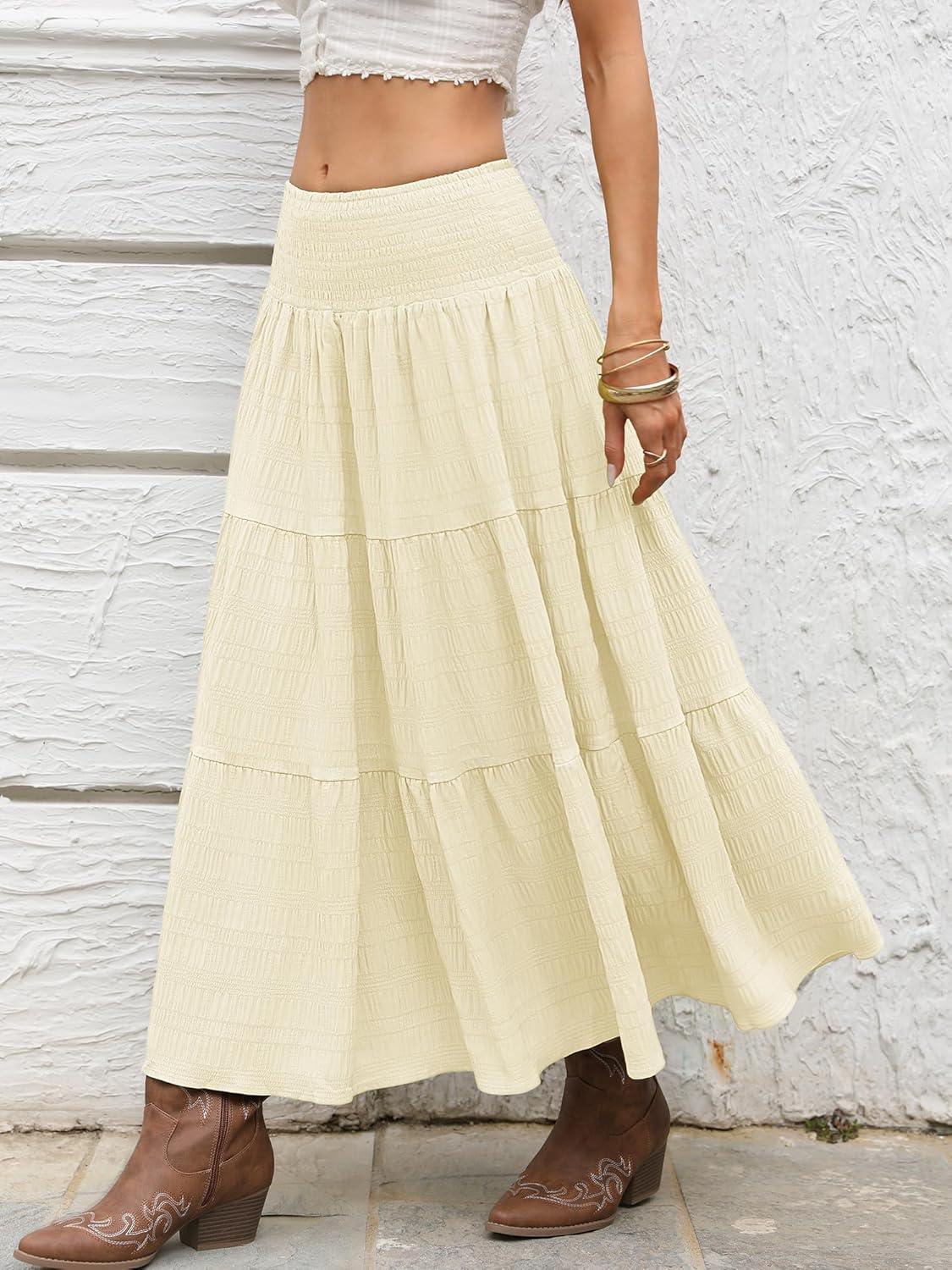 image:imageELLEVEN Womens Boho Long Maxi Skirts Lightweight Flowy Summer Vacation Outfits with Elastic WaistApricot