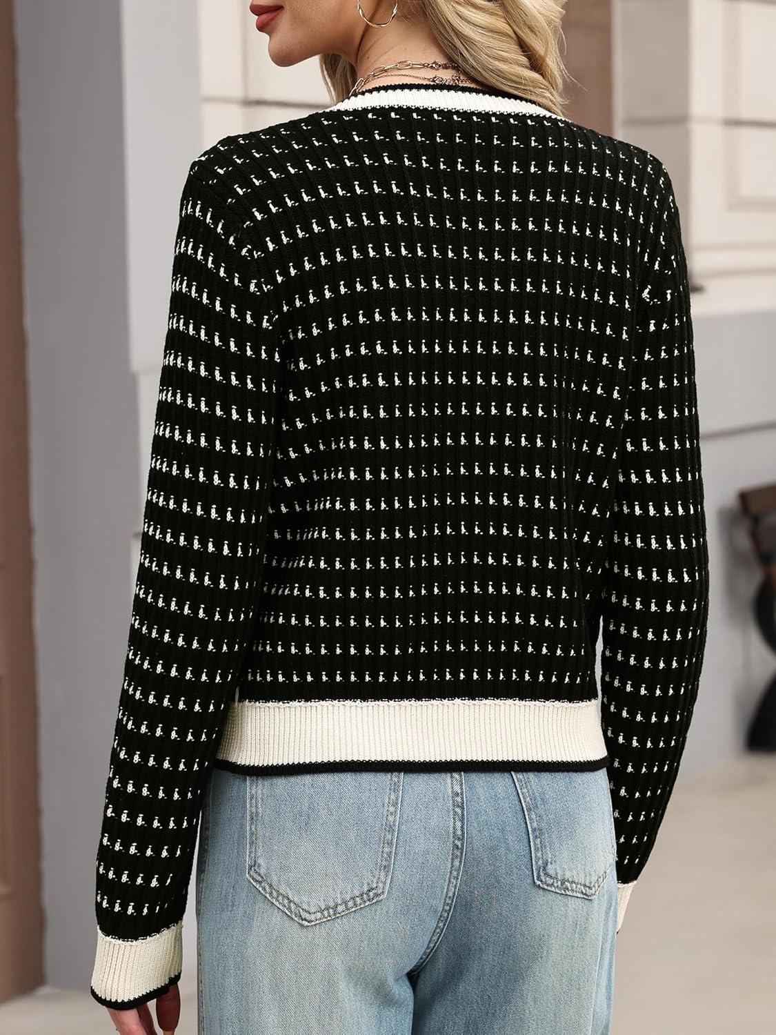 image:imageELLEVEN Womens Cropped Tweed Knit Cardigan SweaterTrendy Open Front Button Up Long Sleeve Cardigans with PocketsBlack