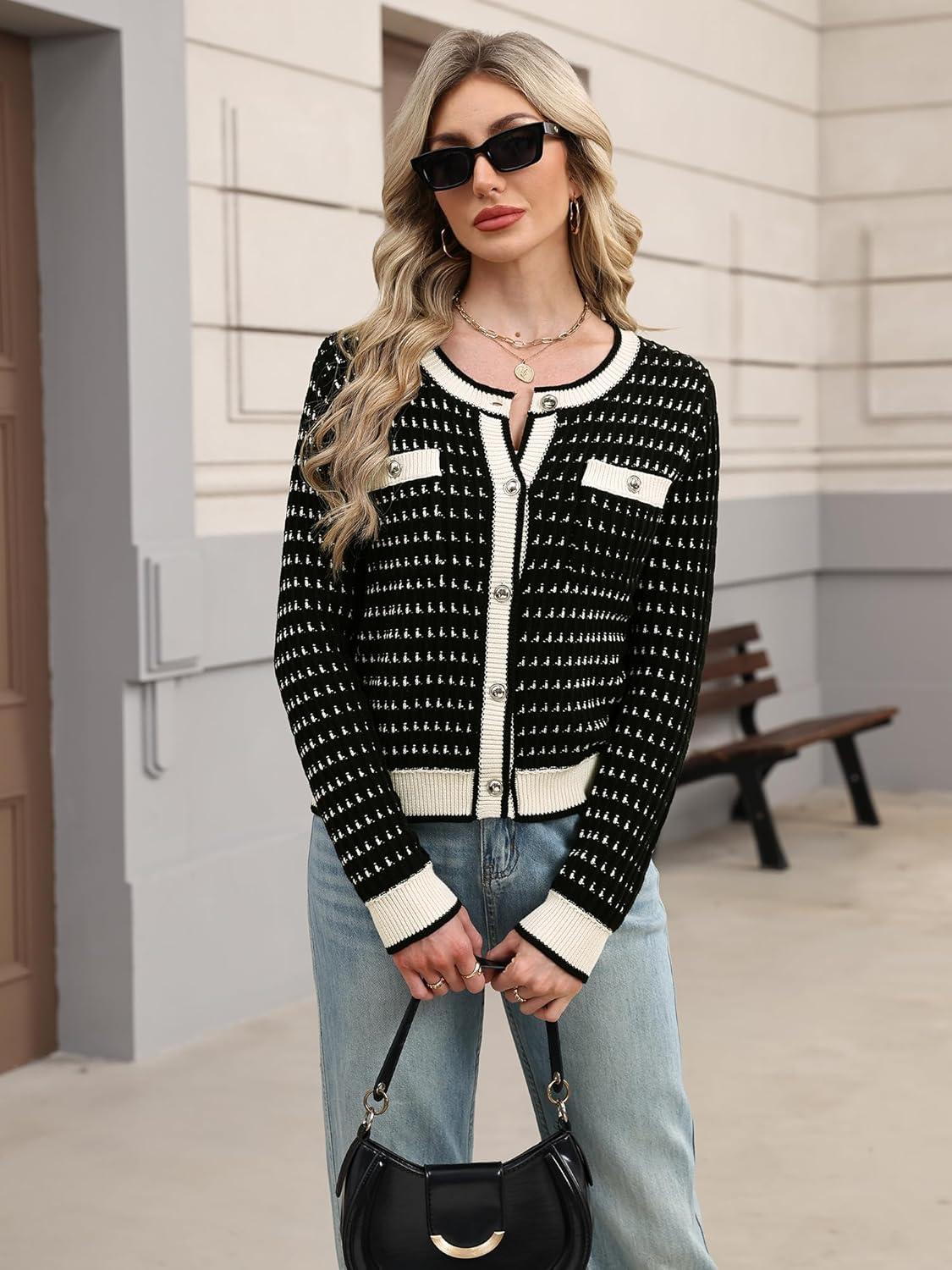 image:imageELLEVEN Womens Cropped Tweed Knit Cardigan SweaterTrendy Open Front Button Up Long Sleeve Cardigans with PocketsBlack