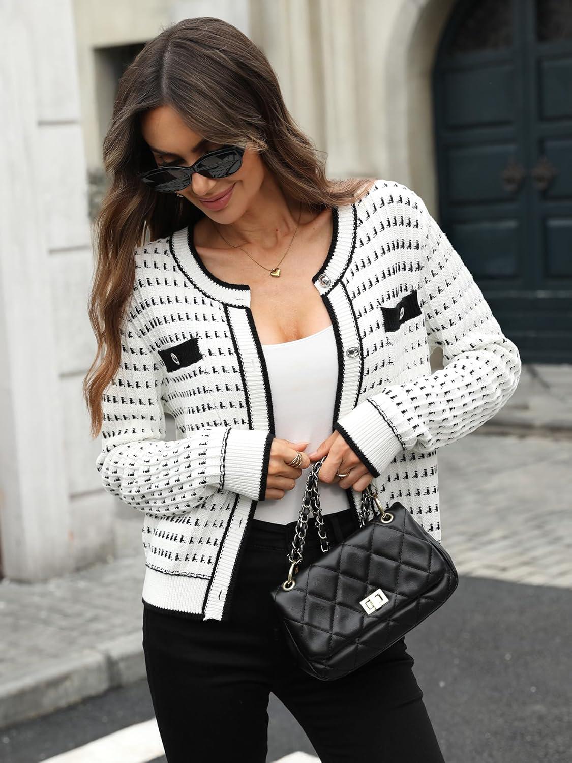 image:imageELLEVEN Womens Cropped Tweed Knit Cardigan SweaterTrendy Open Front Button Up Long Sleeve Cardigans with PocketsWhite