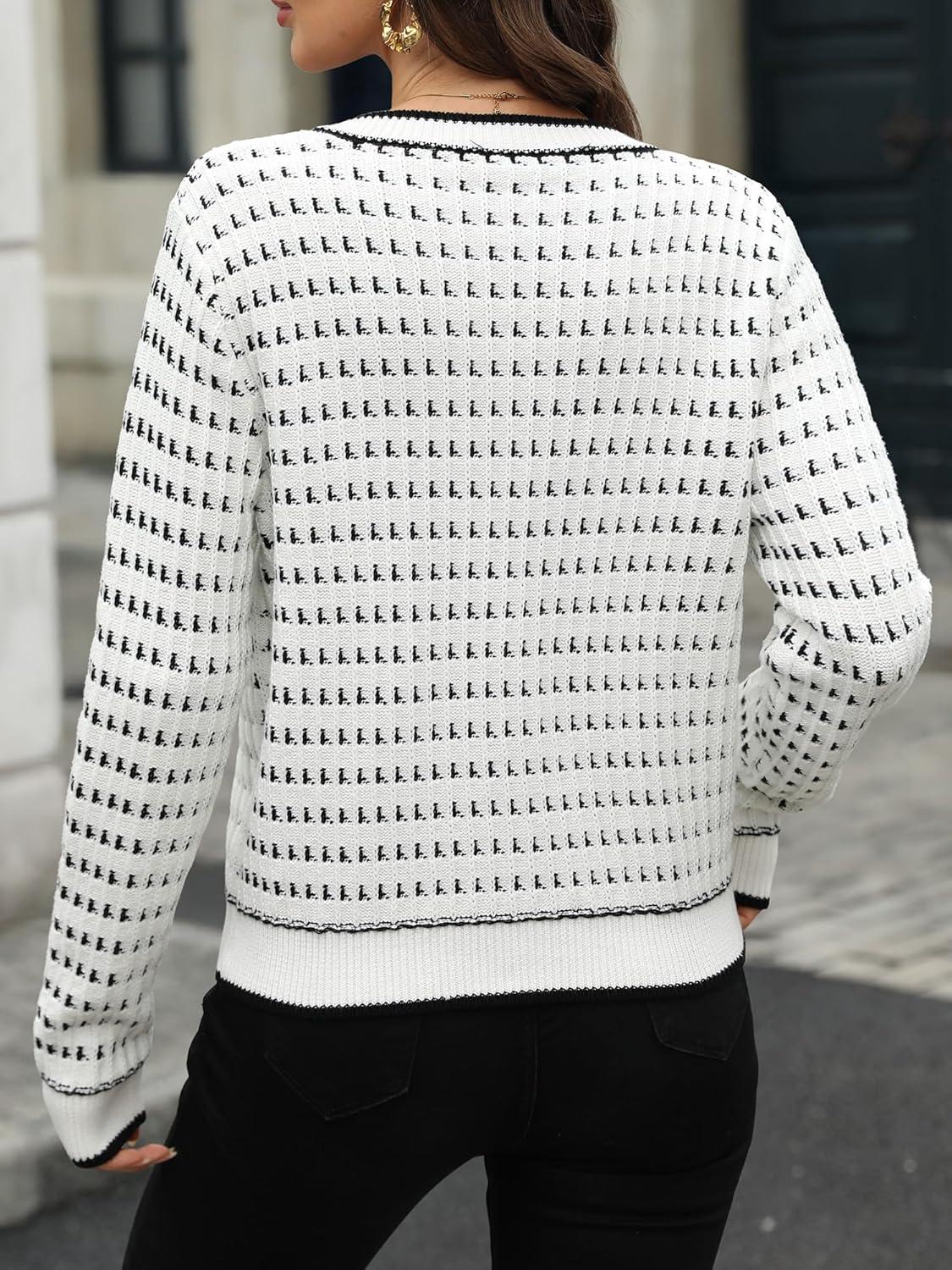image:imageELLEVEN Womens Cropped Tweed Knit Cardigan SweaterTrendy Open Front Button Up Long Sleeve Cardigans with PocketsWhite