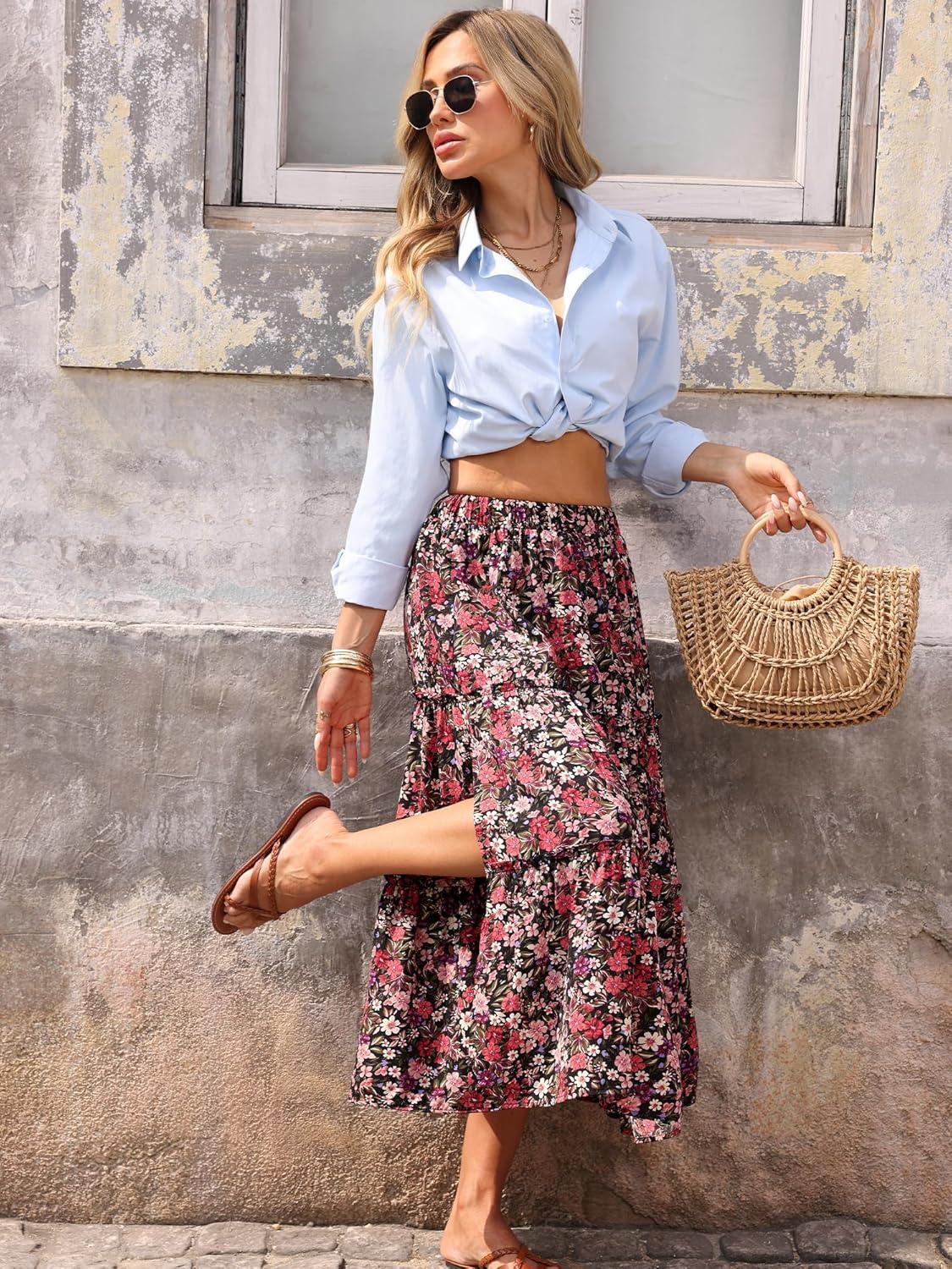 image:imageELLEVEN Womens Floral Maxi Skirt Boho Flowy High Waisted ALine Tiered Ruffle Skirt with Side SlitBlack Red