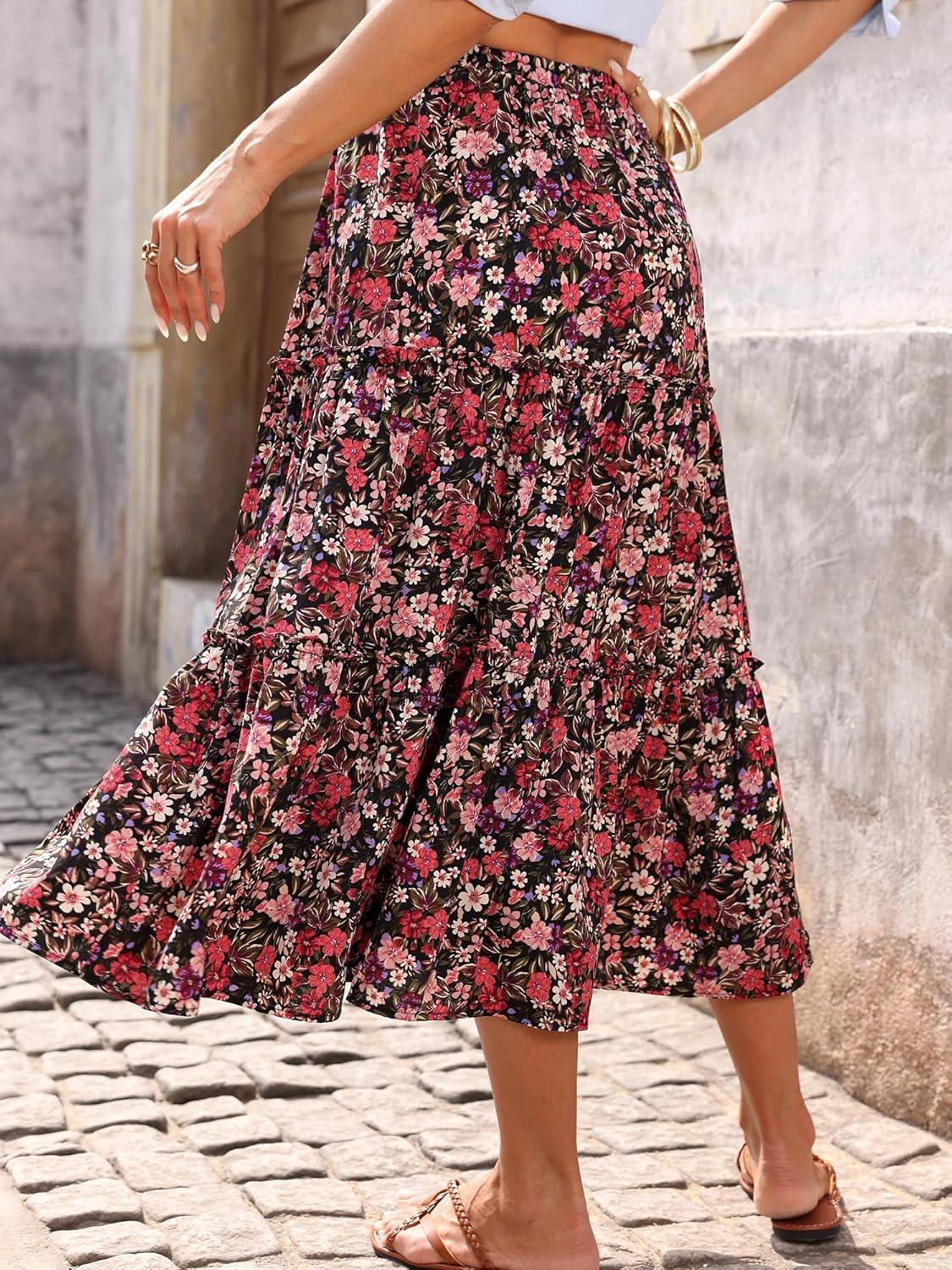 image:imageELLEVEN Womens Floral Maxi Skirt Boho Flowy High Waisted ALine Tiered Ruffle Skirt with Side SlitBlack Red