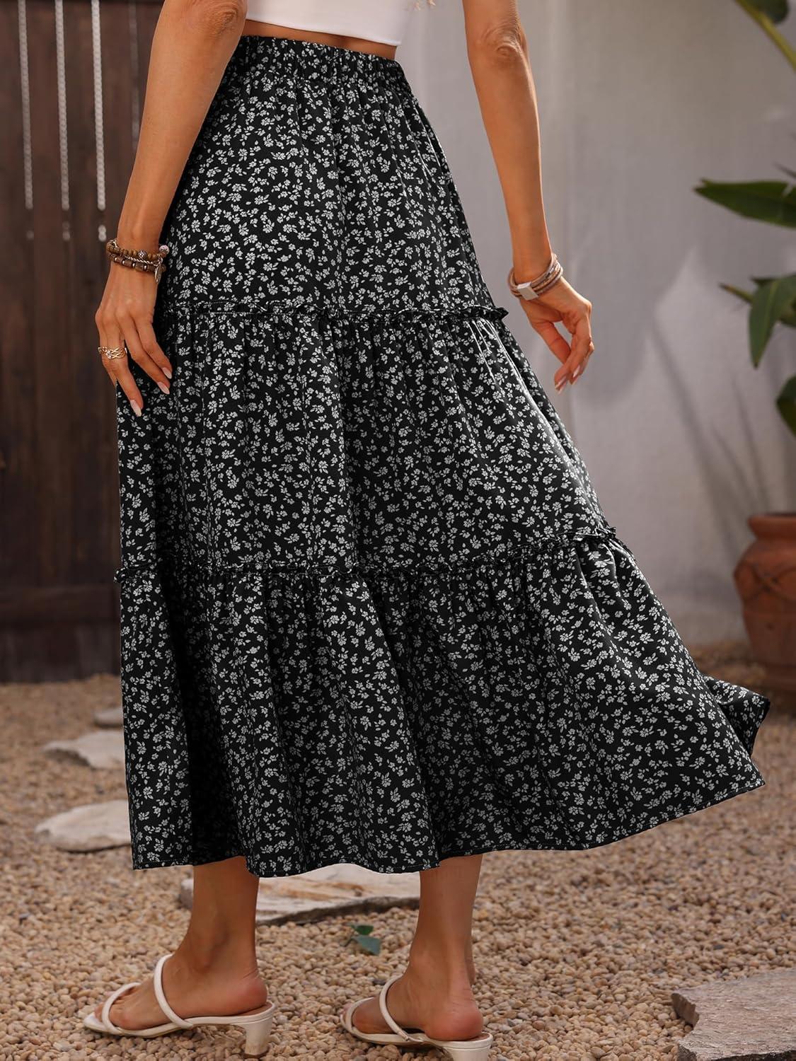 image:imageELLEVEN Womens Floral Maxi Skirt Boho Flowy High Waisted ALine Tiered Ruffle Skirt with Side SlitBlack White