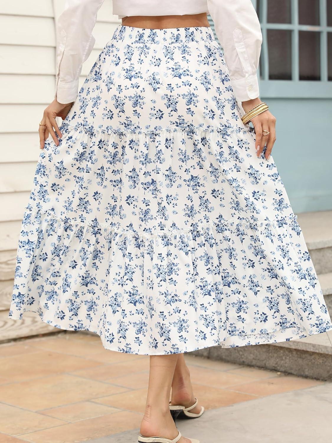 image:imageELLEVEN Womens Floral Maxi Skirt Boho Flowy High Waisted ALine Tiered Ruffle Skirt with Side SlitWhite Blue