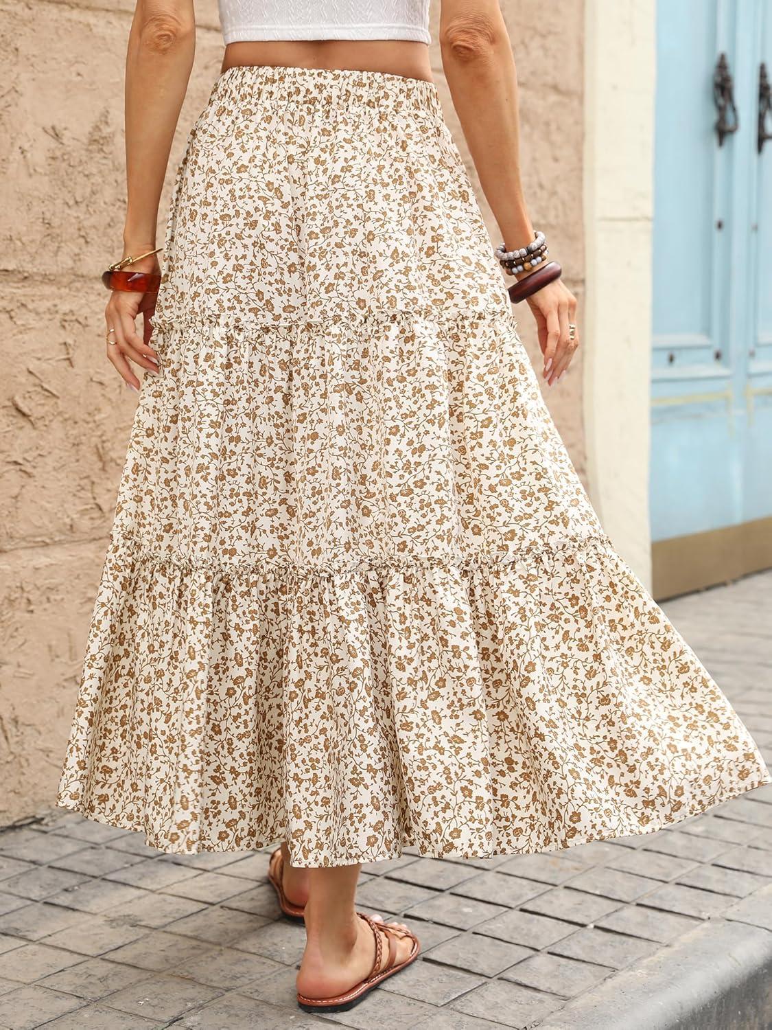 image:imageELLEVEN Womens Floral Maxi Skirt Boho Flowy High Waisted ALine Tiered Ruffle Skirt with Side SlitWhite Khaki