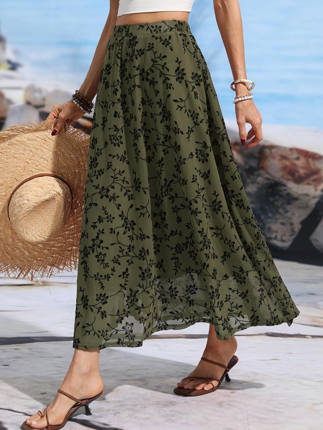 image:imageELLEVEN Womens Floral Mesh Maxi SkirtFlowy RuffleBoho Elastic High Waisted Elegant Long Skirts for WomenArmy Green