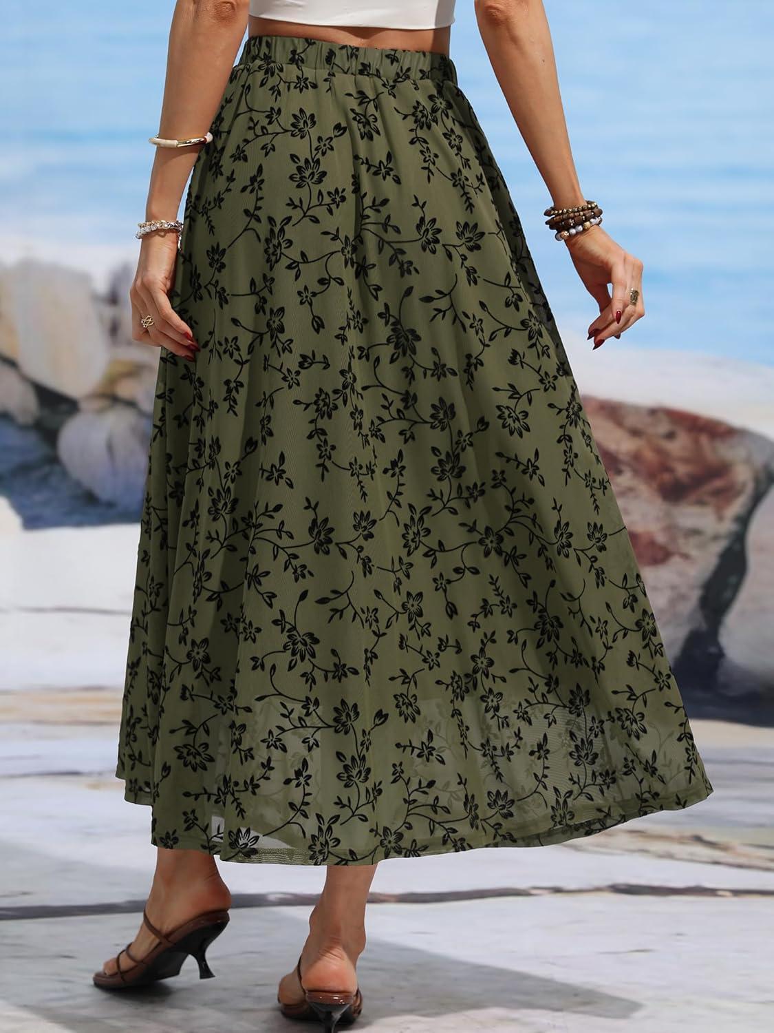 image:imageELLEVEN Womens Floral Mesh Maxi SkirtFlowy RuffleBoho Elastic High Waisted Elegant Long Skirts for WomenArmy Green