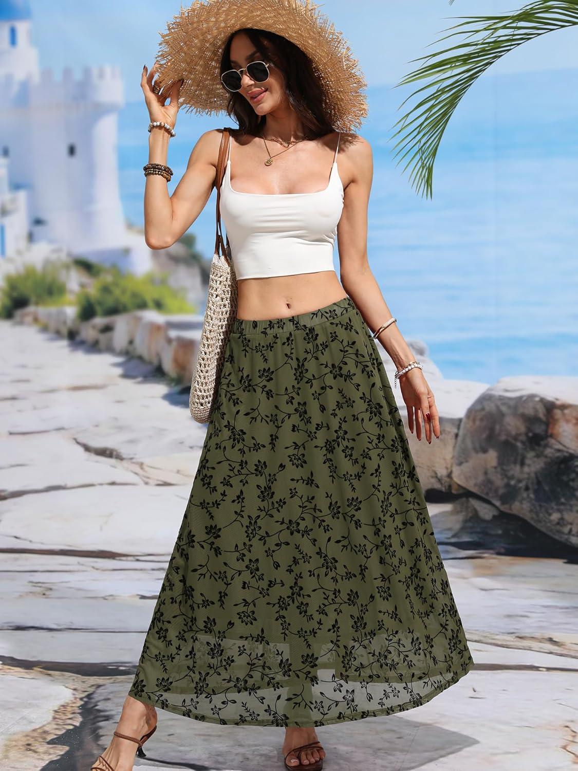 image:imageELLEVEN Womens Floral Mesh Maxi SkirtFlowy RuffleBoho Elastic High Waisted Elegant Long Skirts for WomenArmy Green