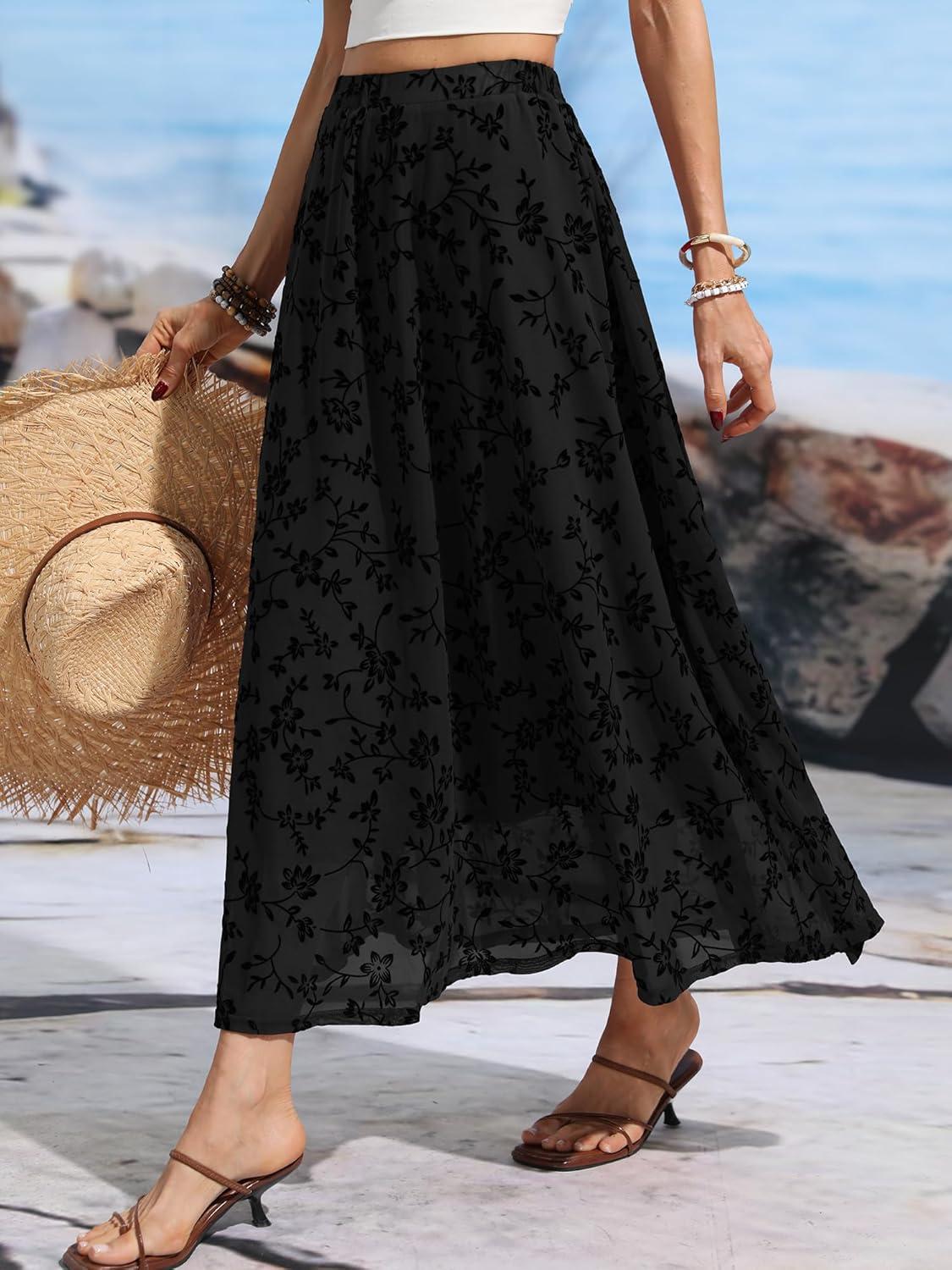 image:imageELLEVEN Womens Floral Mesh Maxi SkirtFlowy RuffleBoho Elastic High Waisted Elegant Long Skirts for WomenBlack