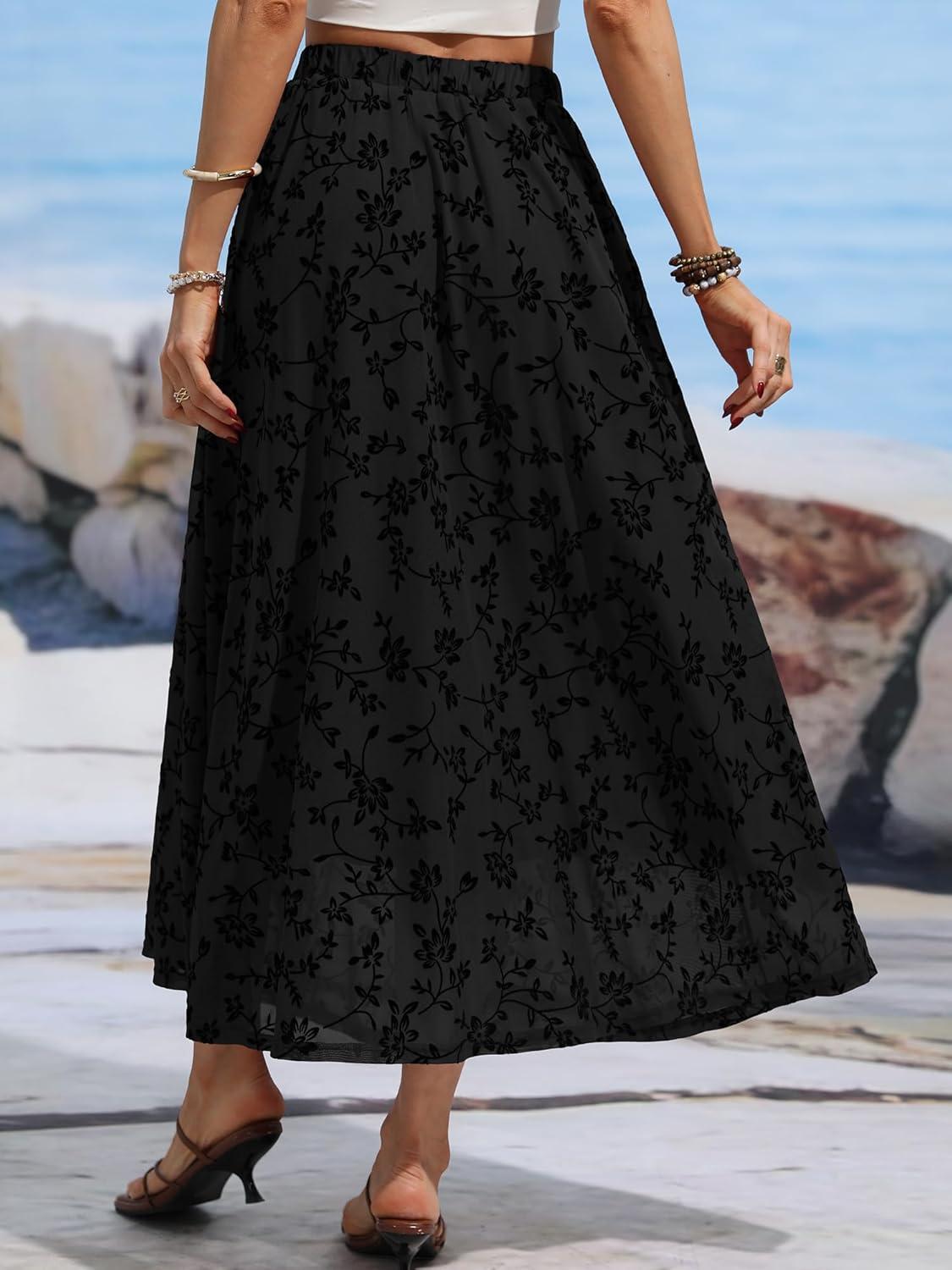 image:imageELLEVEN Womens Floral Mesh Maxi SkirtFlowy RuffleBoho Elastic High Waisted Elegant Long Skirts for WomenBlack