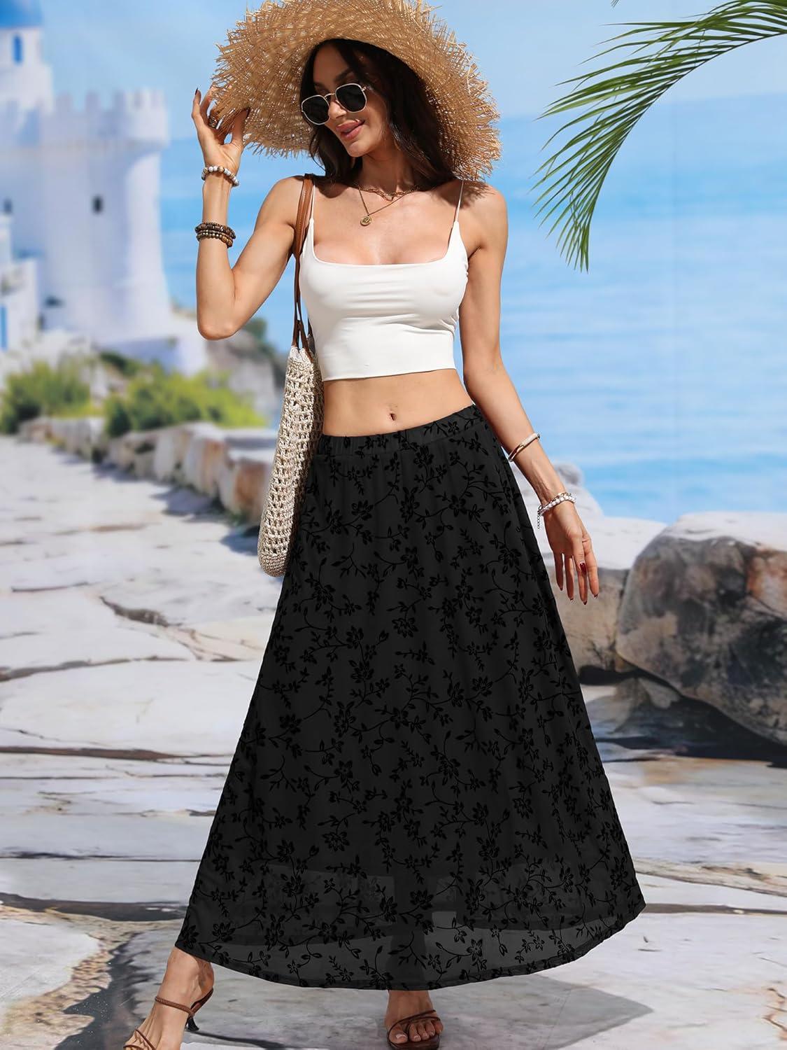 image:imageELLEVEN Womens Floral Mesh Maxi SkirtFlowy RuffleBoho Elastic High Waisted Elegant Long Skirts for WomenBlack